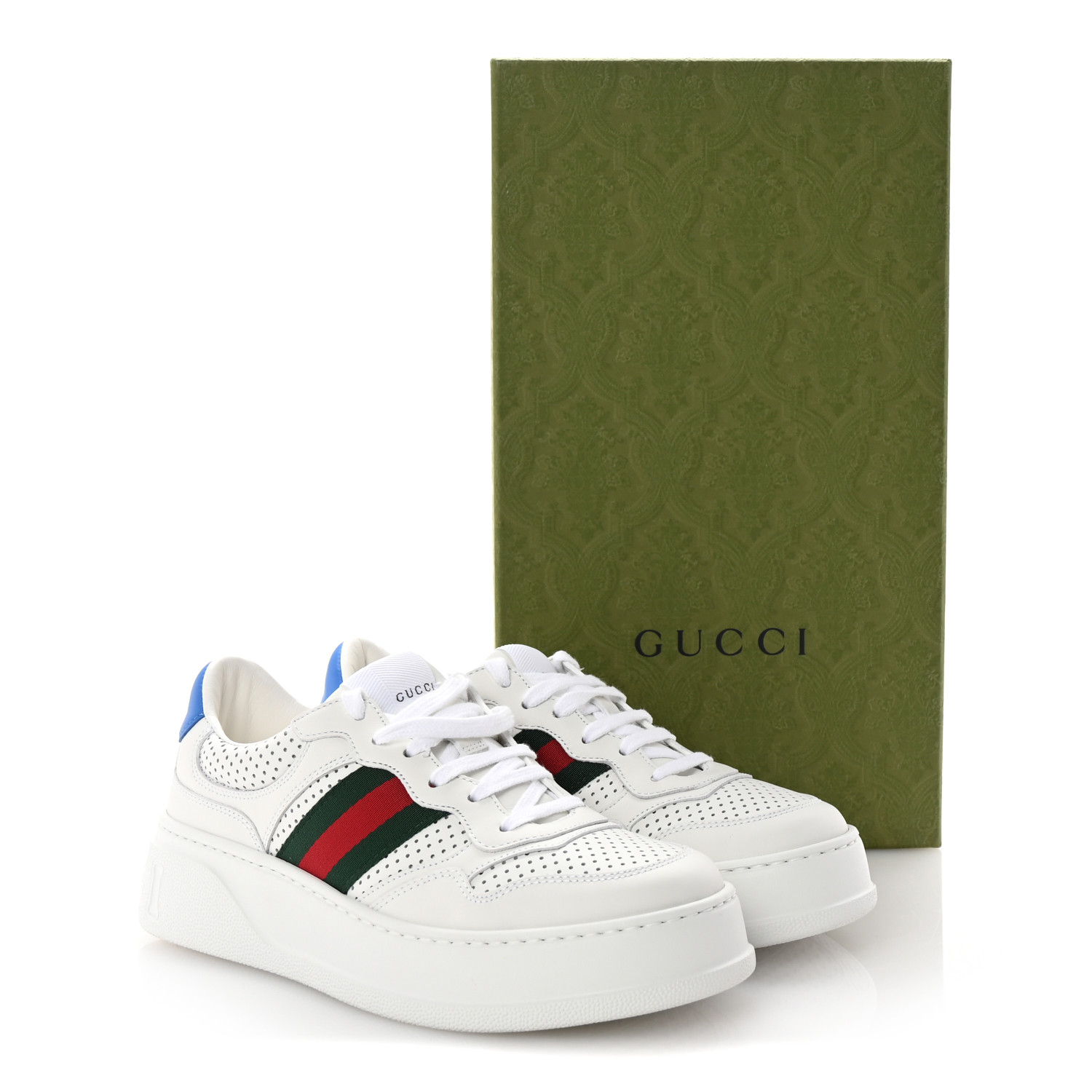GUCCI ホワイト38.5 GUCCI Calfskin Web Perforated Womens Platform 55mm Sneakers