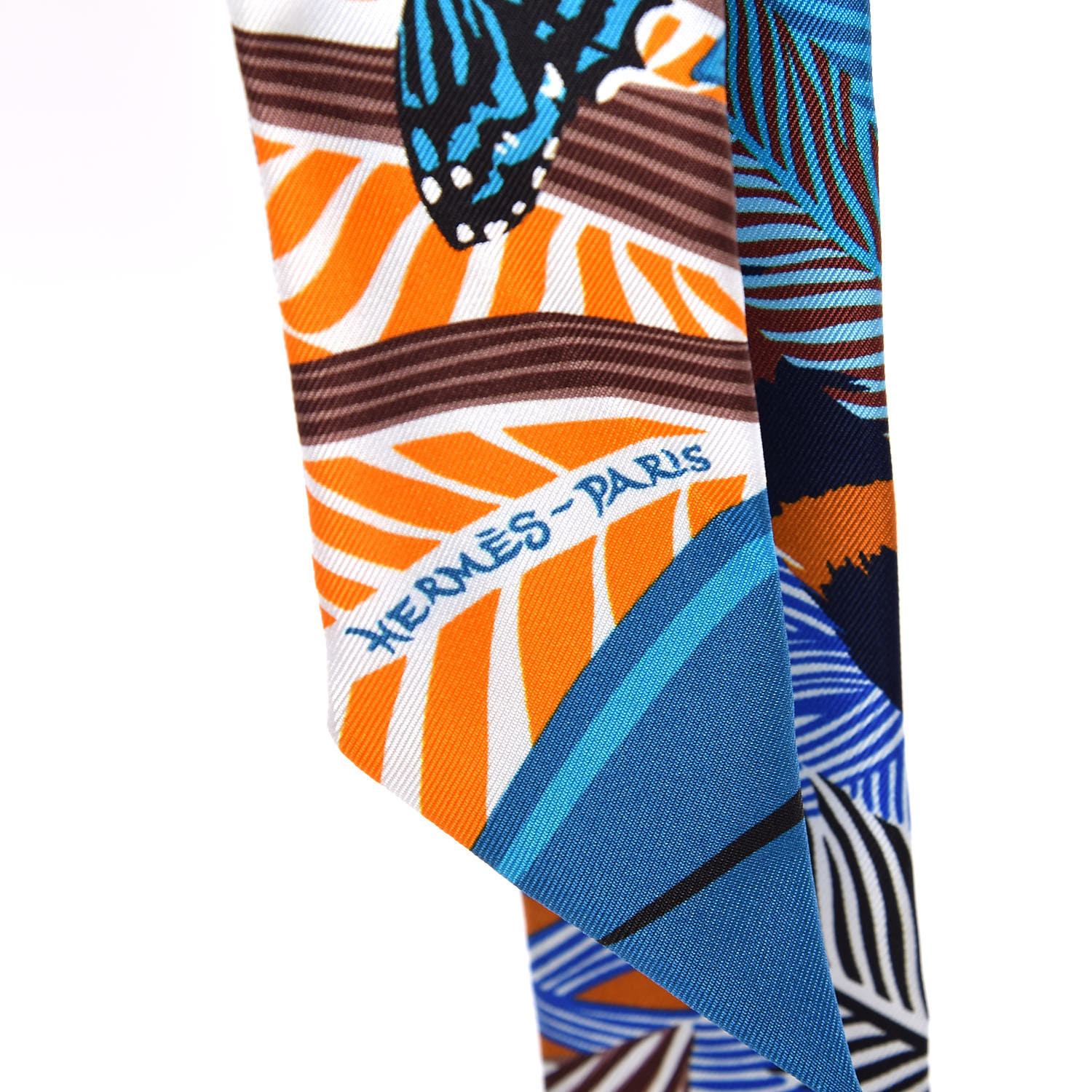 HERMES Silk Jaguar Quetzal Twilly Brun Bleu Orange 408299