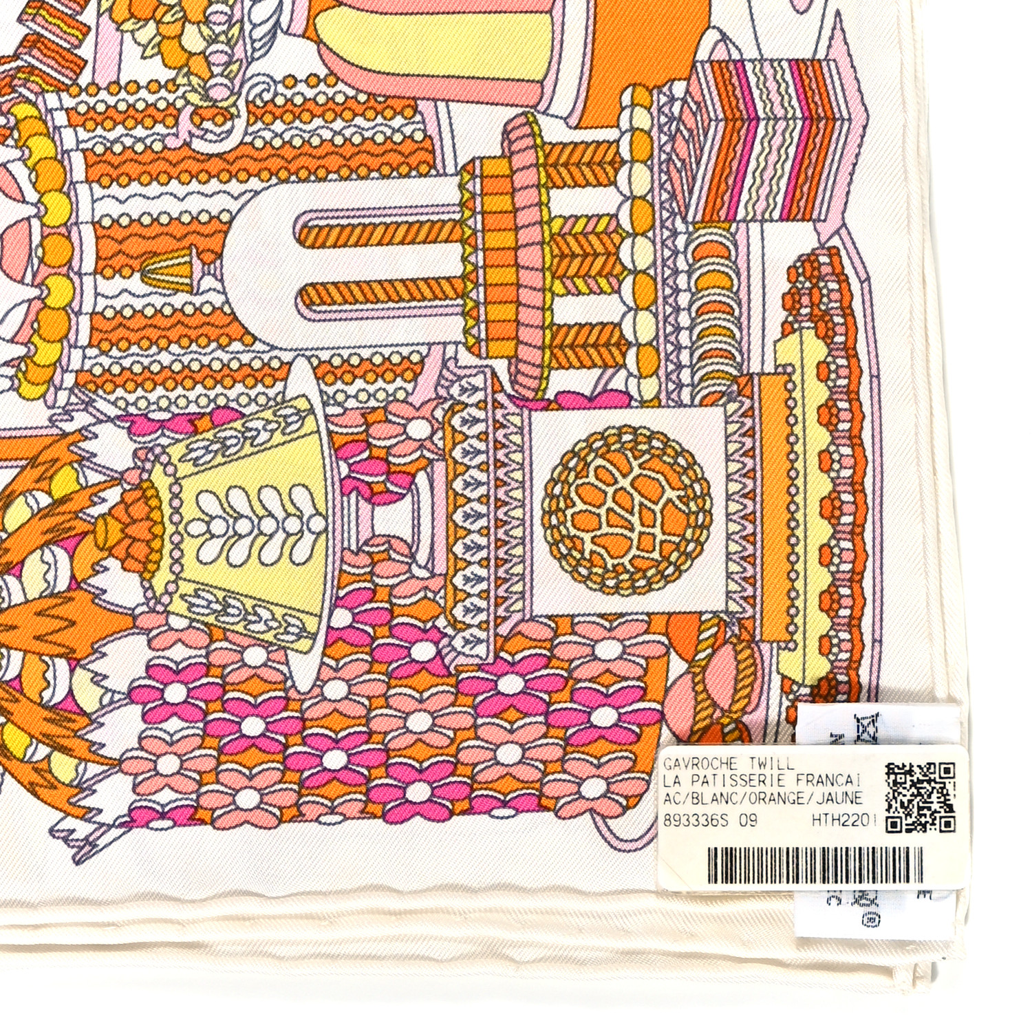 HERMES Silk La Patisserie Francaise Scarf 45 White Orange