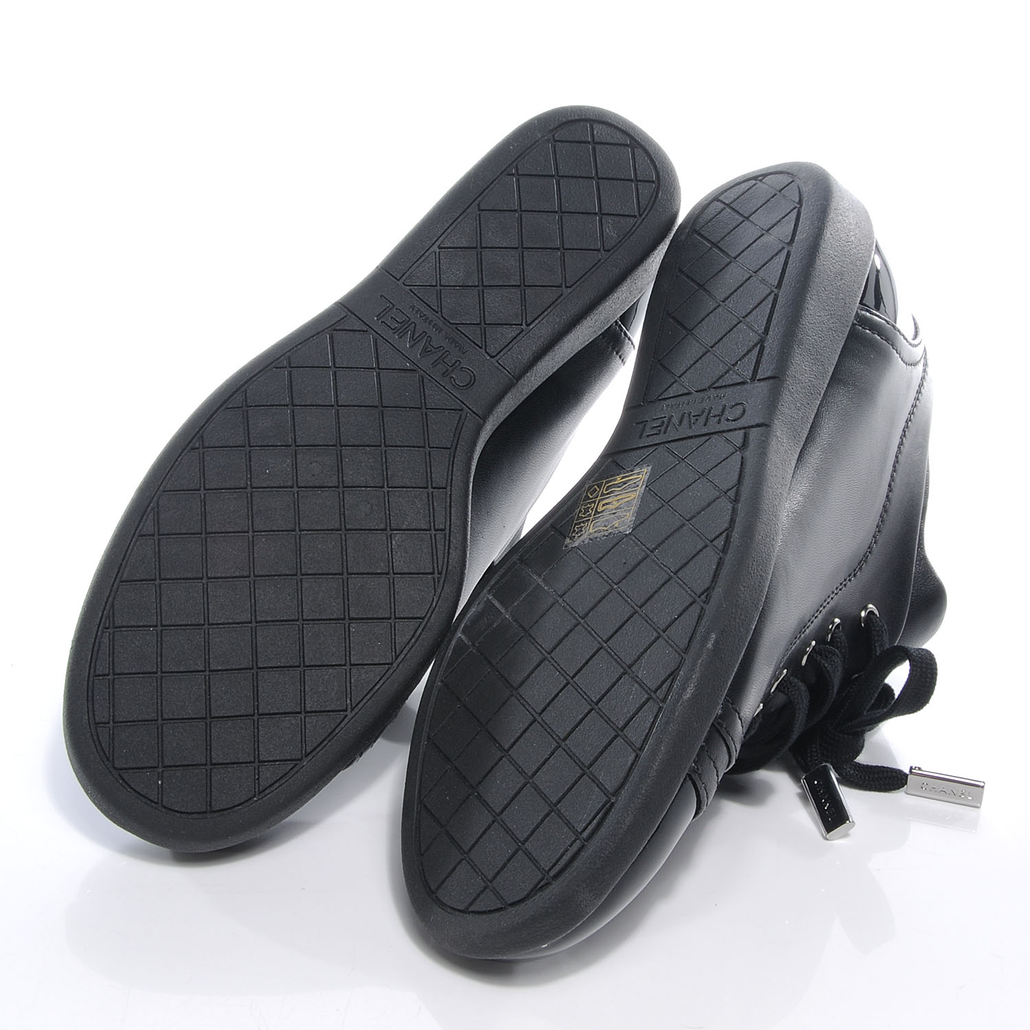 CHANEL Leather Patent Cap Toe CC Sneakers Black 36.5 59057