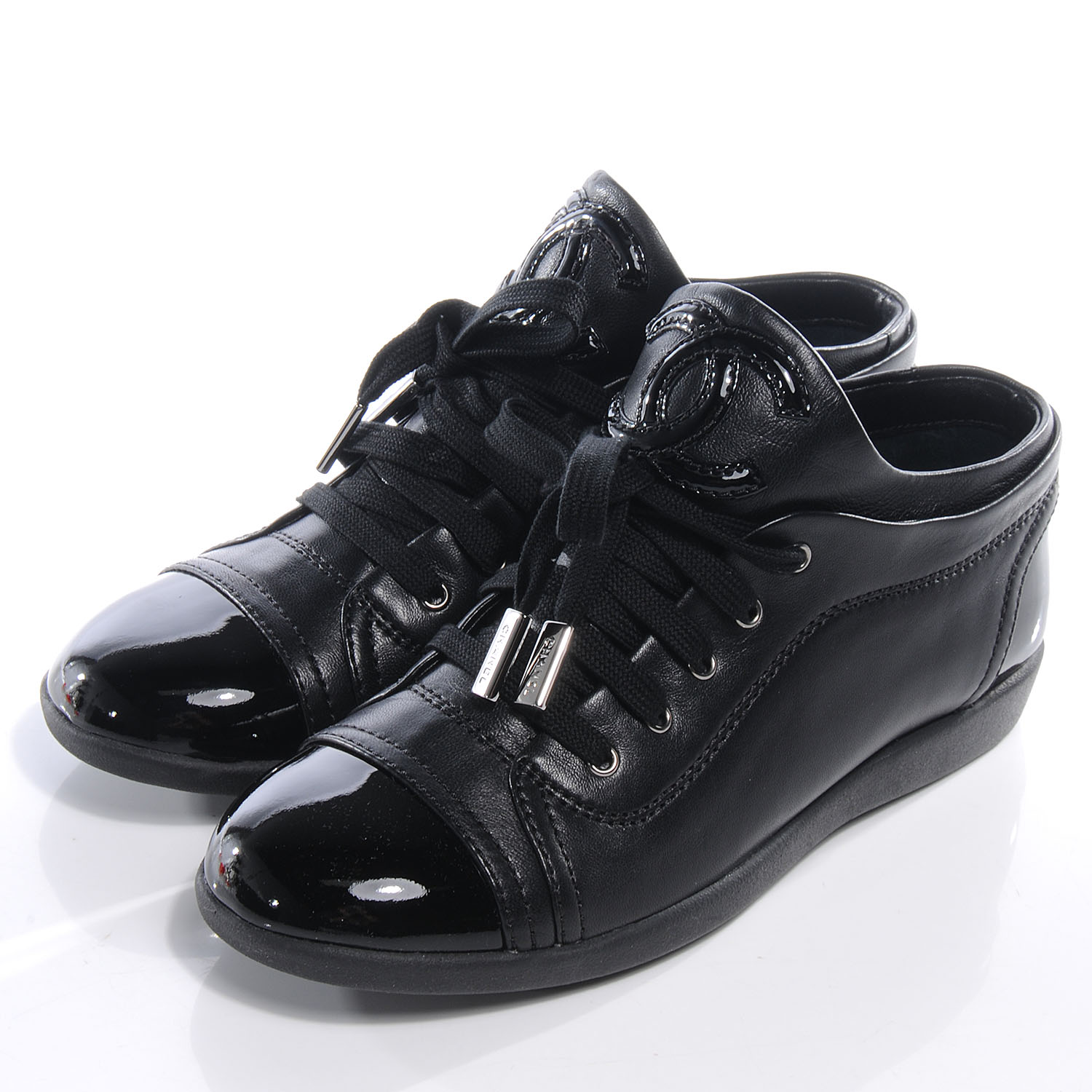 CHANEL Leather Patent Cap Toe CC Sneakers Black 36.5 59057