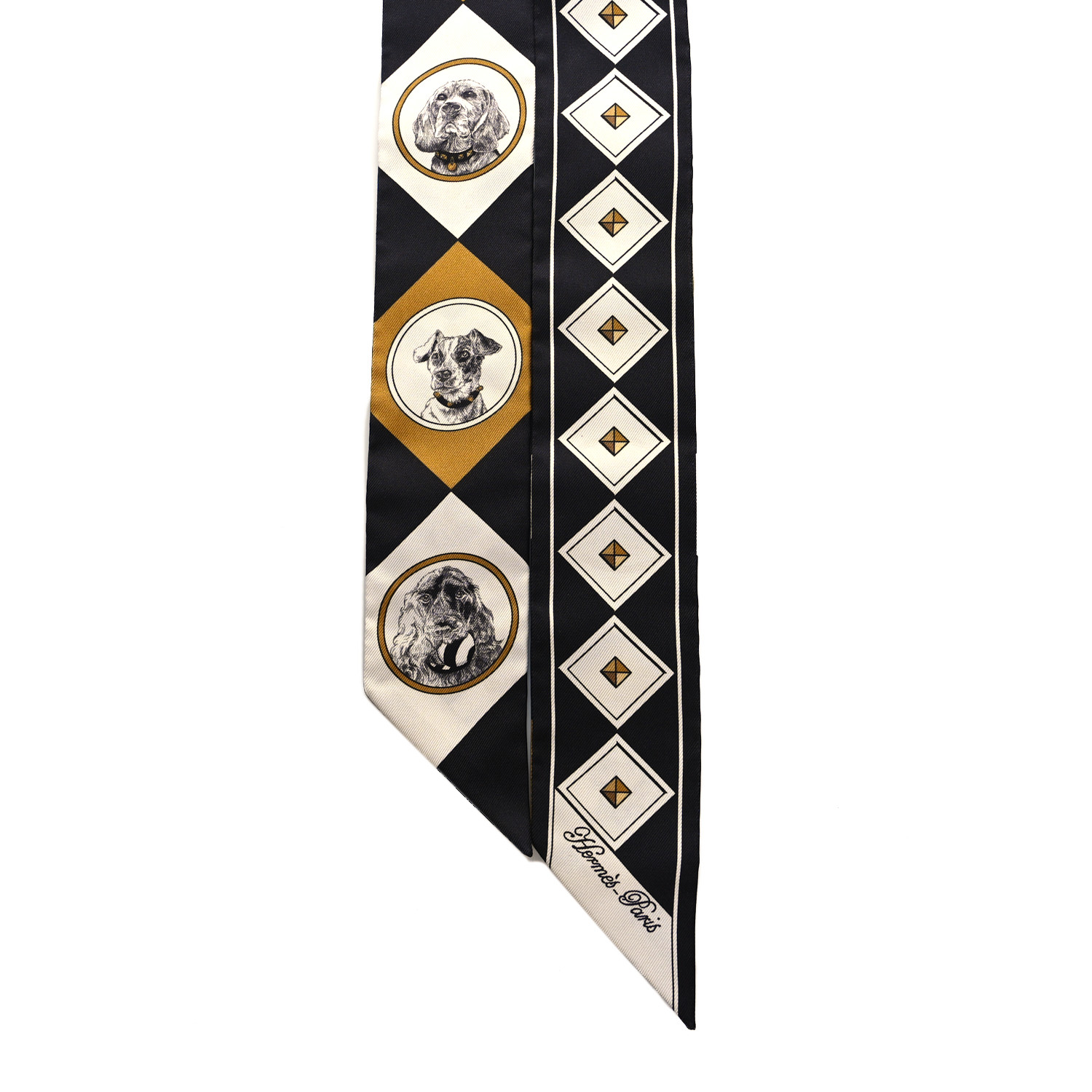 HERMES Silk Colliers et Chiens Twilly Black Gold White