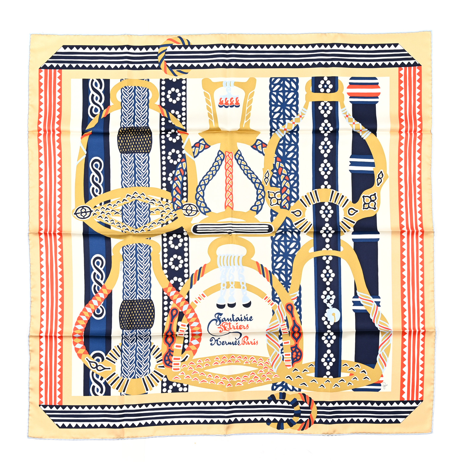 HERMES Silk Fantaisie D'etriers Scarf 90 Creme Marine Rouge