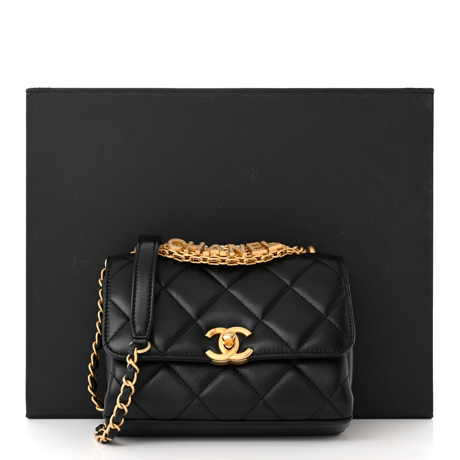 CHANEL Lambskin Quilted Mini CC Crystal Logo Chain Flap