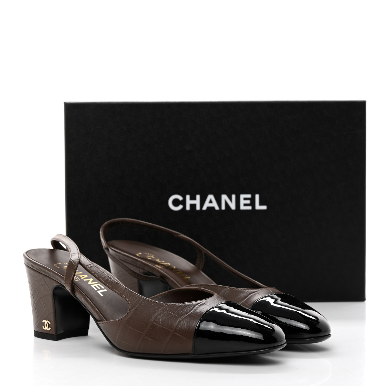 CHANEL Calfskin Crocodile Embossed Patent Cap Toe CC