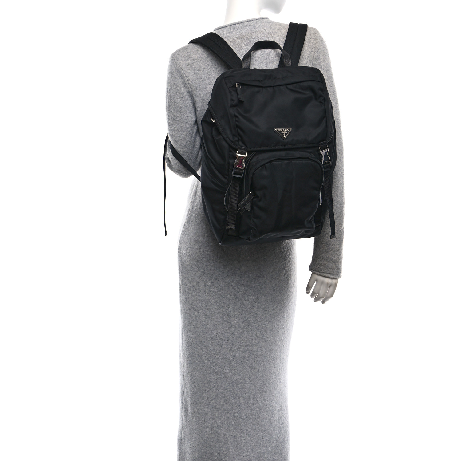 PRADA Re-Nylon Saffiano Logo Double Buckle Backpack Black