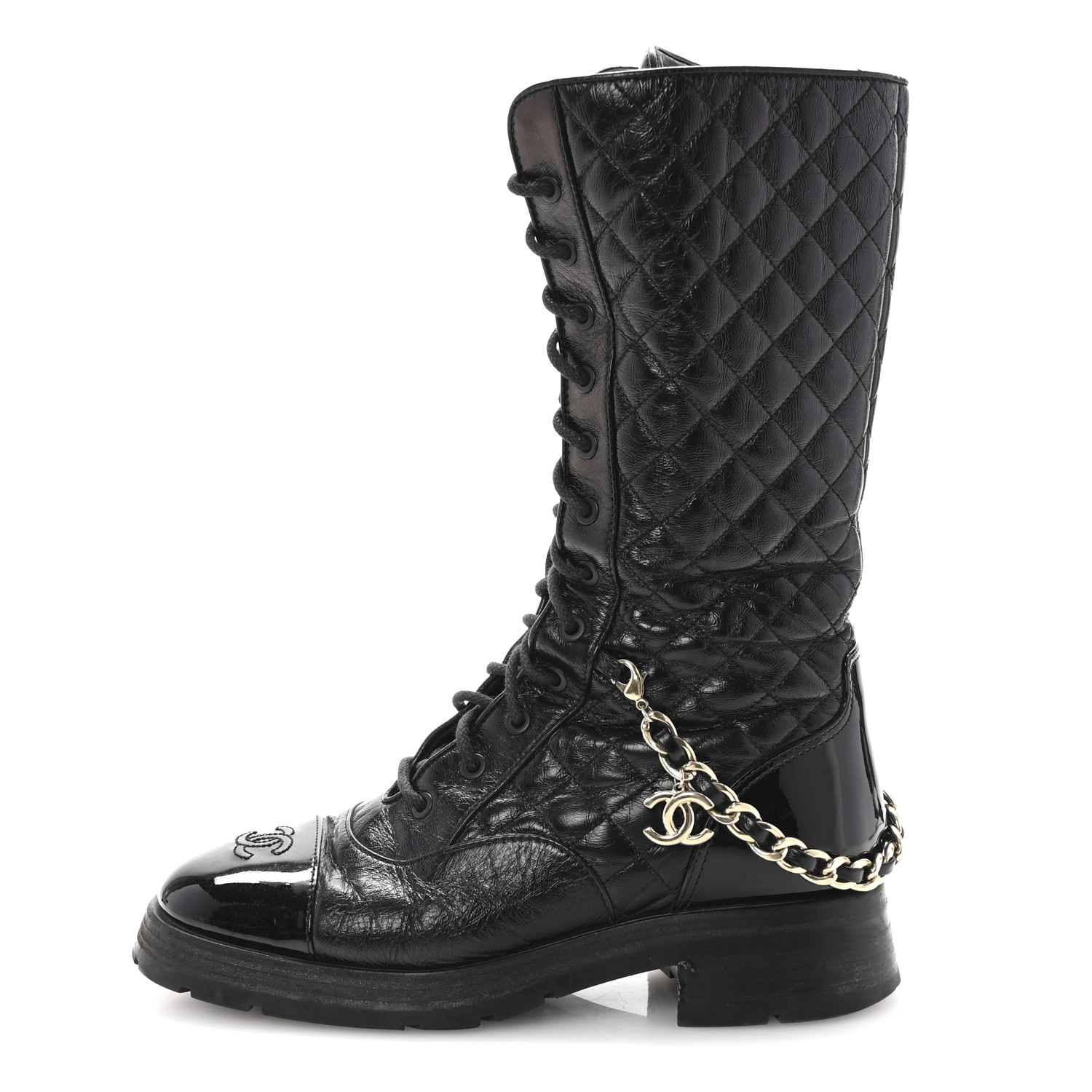 shbb_1122 クリスタル変更 01 Black Chanliade CHANEL Shiny Calfskin Patent Quilted Chain Lace Up Combat
