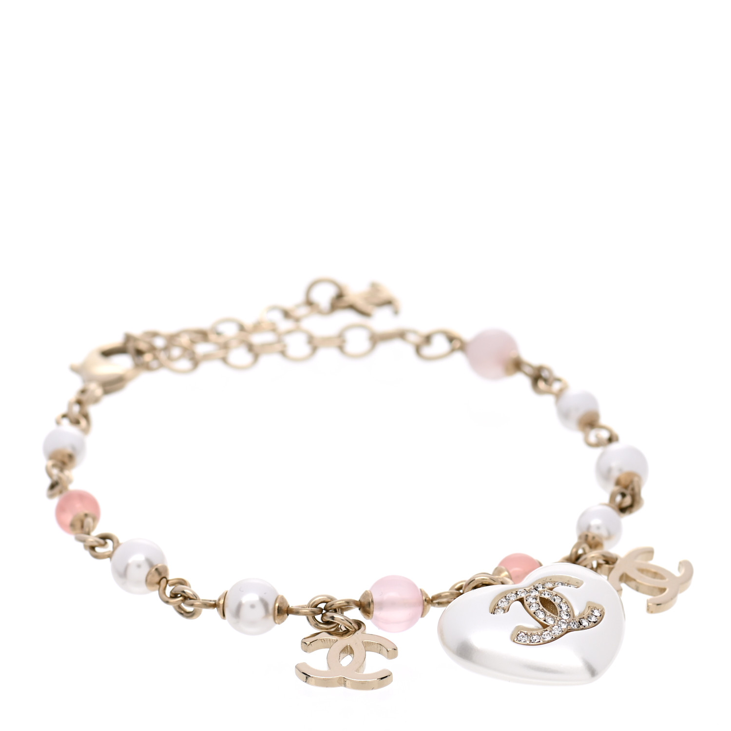 CHANEL Pearl Crystal CC Heart Bracelet Pearly White Pink