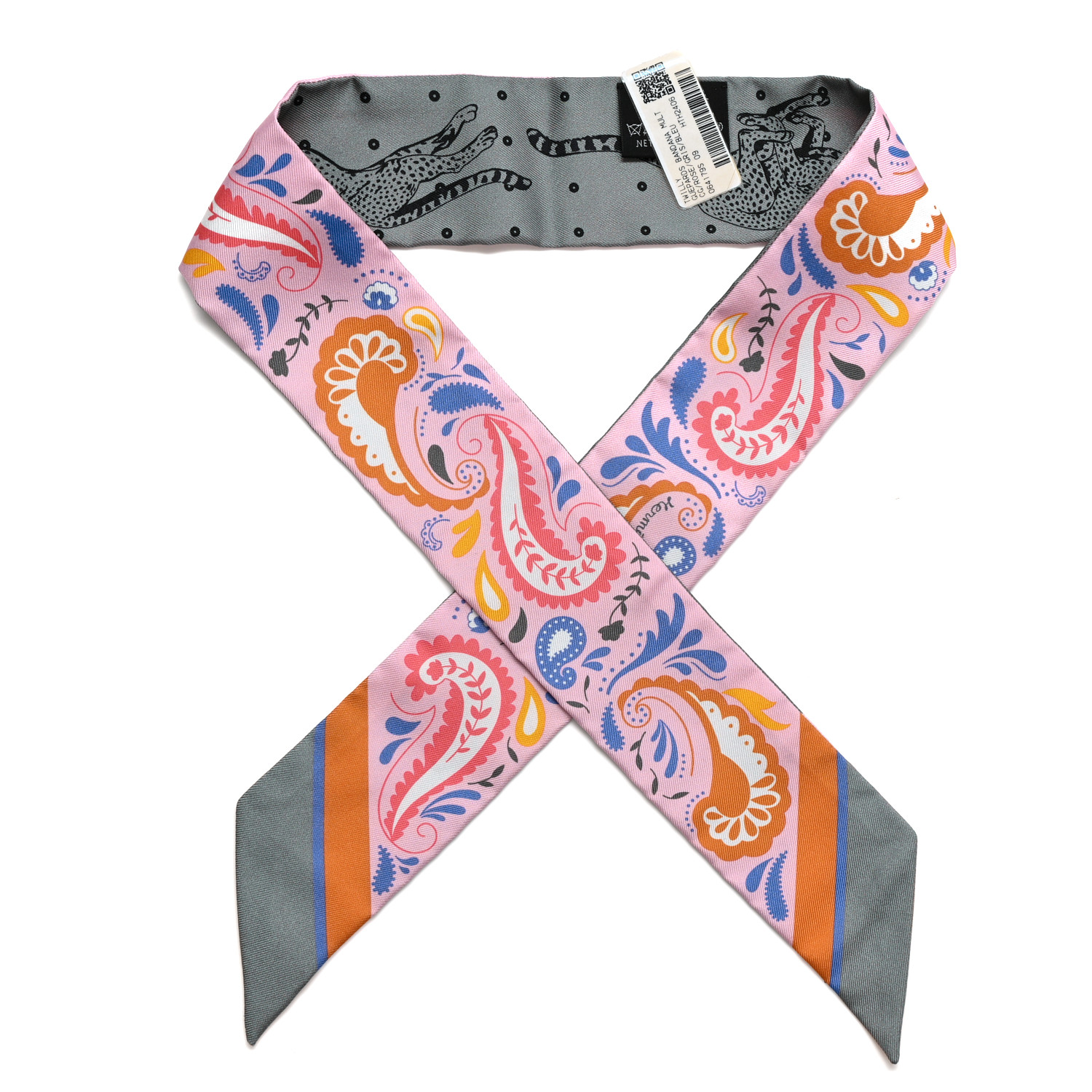 HERMES Silk Guepards Bandana Twilly Rose Gris Bleu 1717523