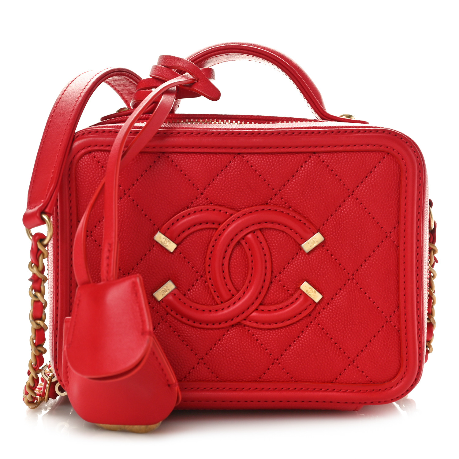 CHANEL Caviar Quilted Small CC Filigree Vanity Case Red