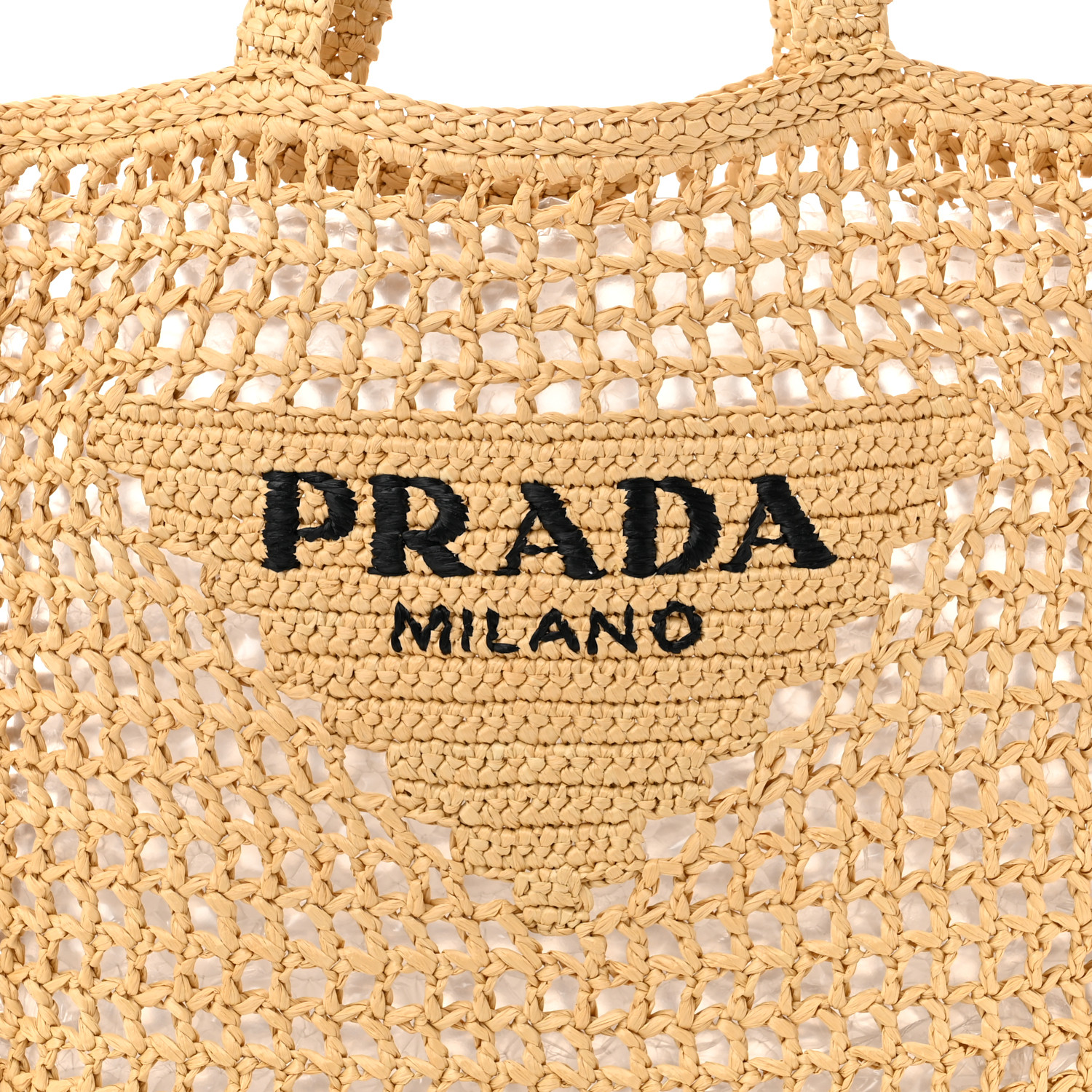 Prada ロゴ入りラフィアショッパー PRADA Yarn Raffia Effect Crochet Logo Embroidered Tote Bag