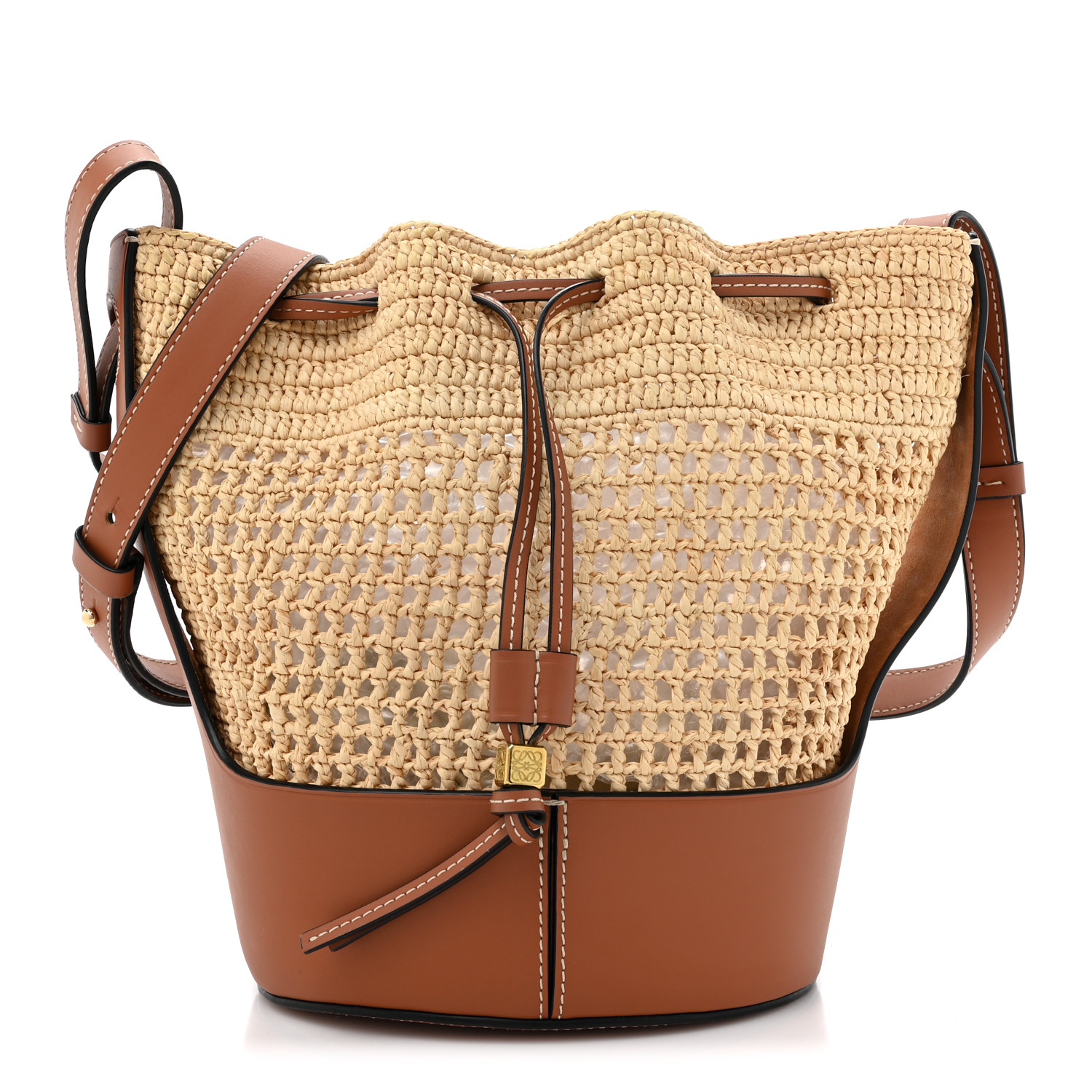 【関税送料込】Loewe Balloon Medium Raffia Leather Bucket Bag LOEWE Raffia Calfskin Balloon Bucket Bag Natural Tan 1666009