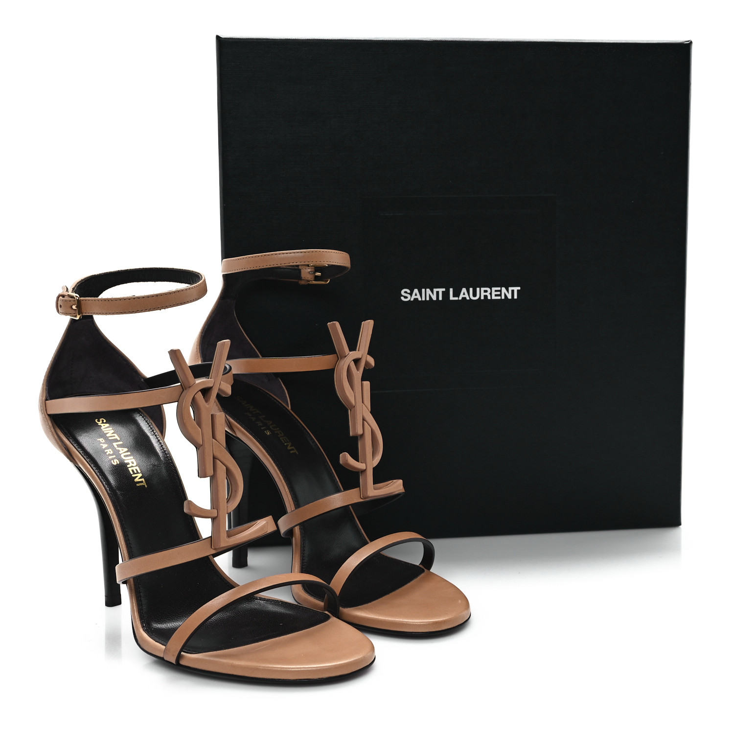 SAINT LAURENT Calfskin Cassandra 100 Sandals 38 Gold Brown