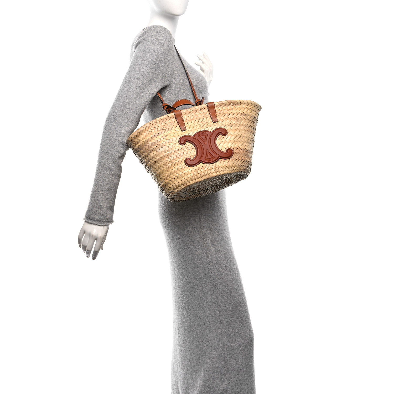 CELINE Raffia Calfskin Triomphe Teen Panier Tan 1668336