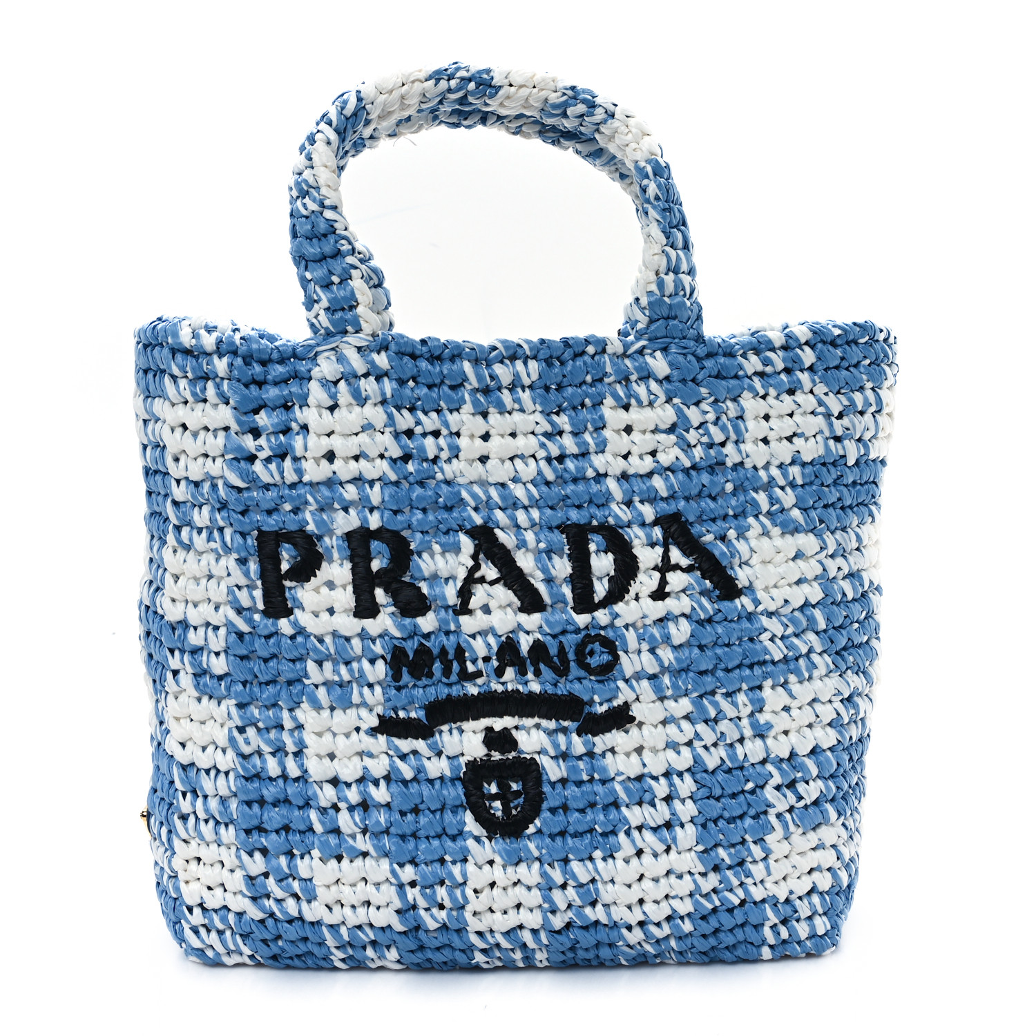 PRADA Yarn Raffia Effect Crochet Embroidered Small Logo Tote