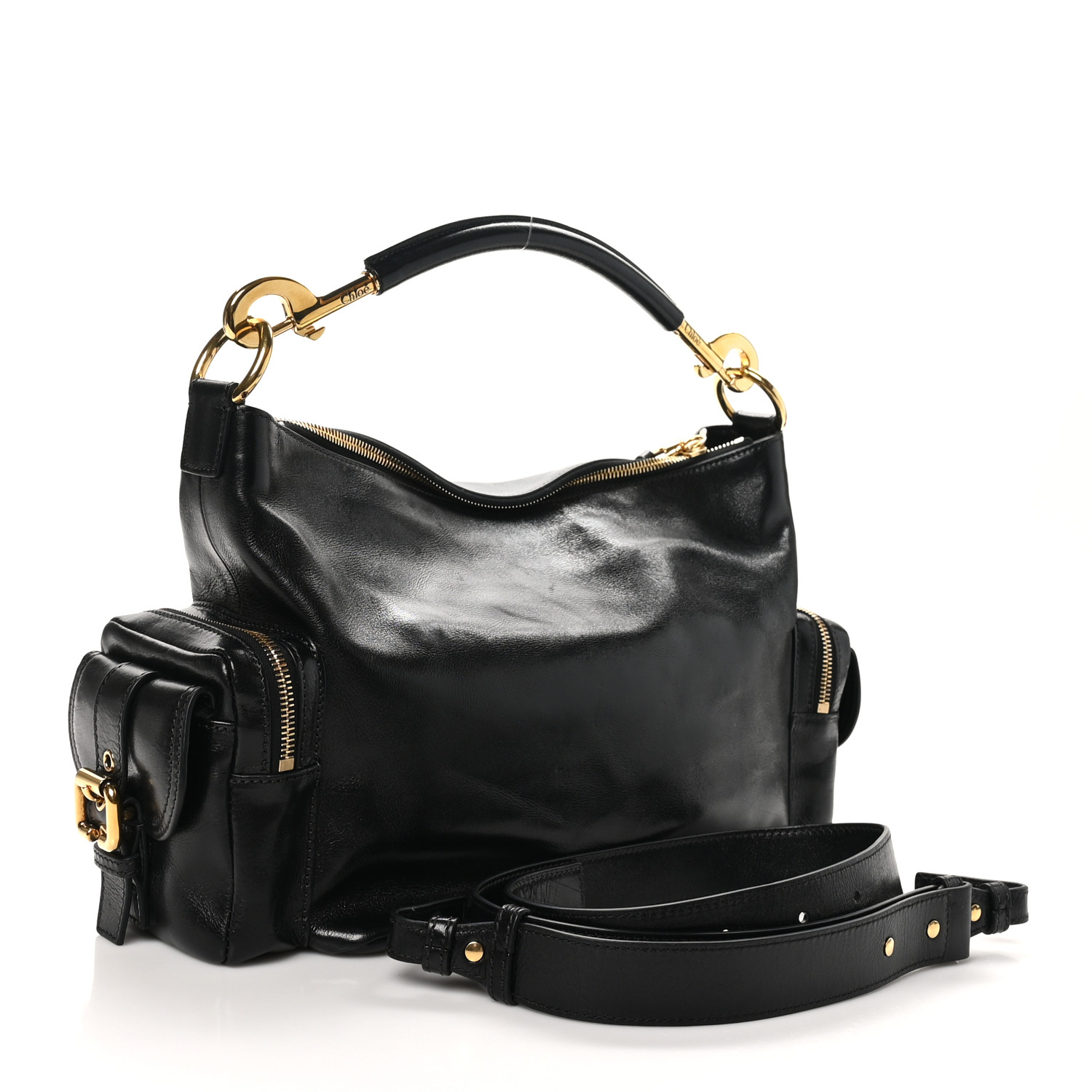 CHLOE Shiny Calfskin Medium Double Carrry Camera Bag Black
