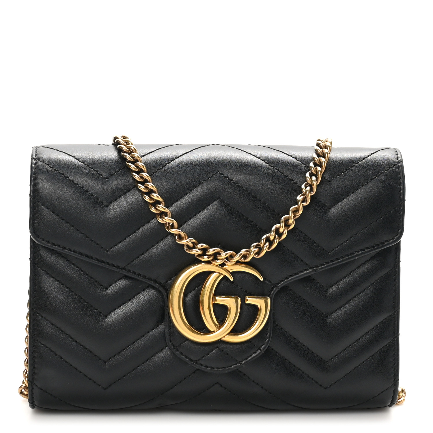 GUCCI Calfskin Matelasse GG Marmont Chain Wallet Black