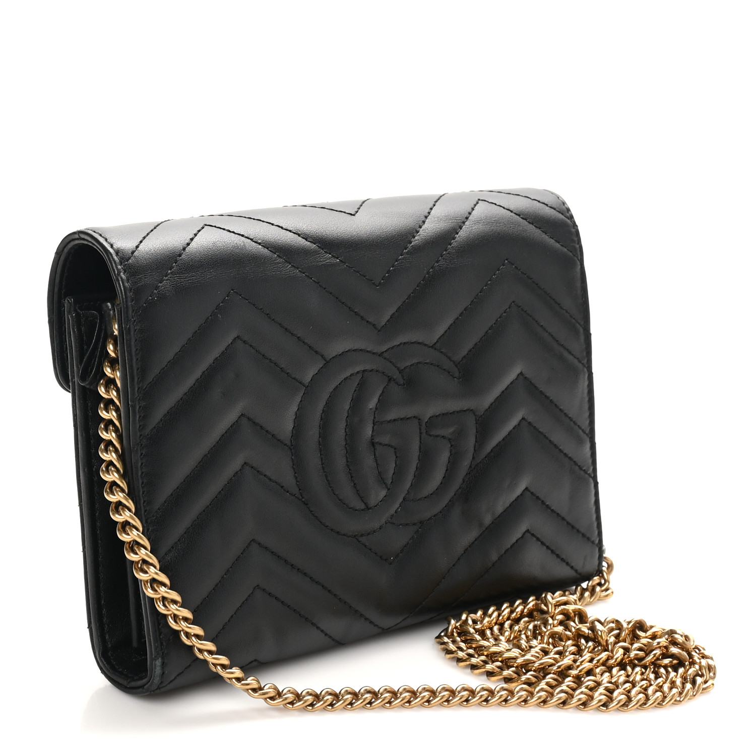 GUCCI Calfskin Matelasse GG Marmont Chain Wallet Black