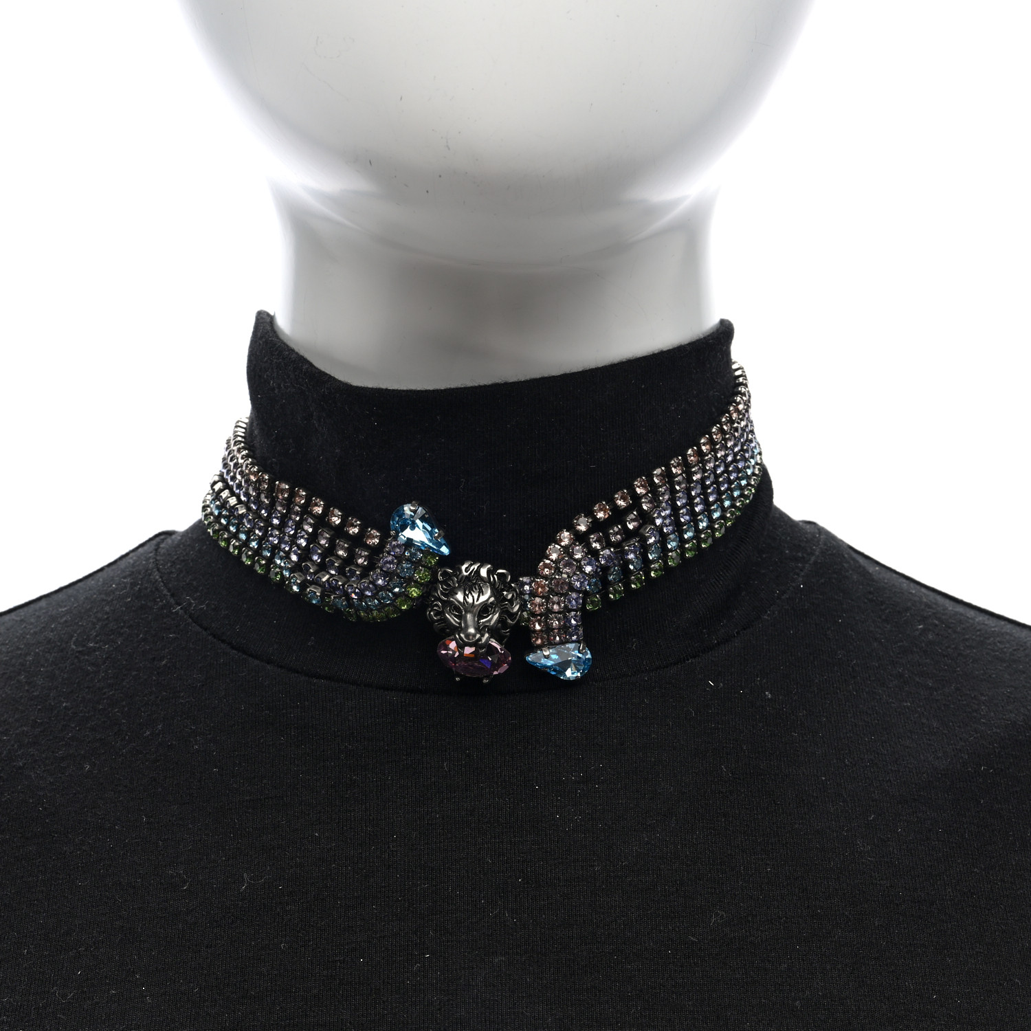 ちぃ GUCCI Metal Crystal Lion Head Choker Necklace Multicolor