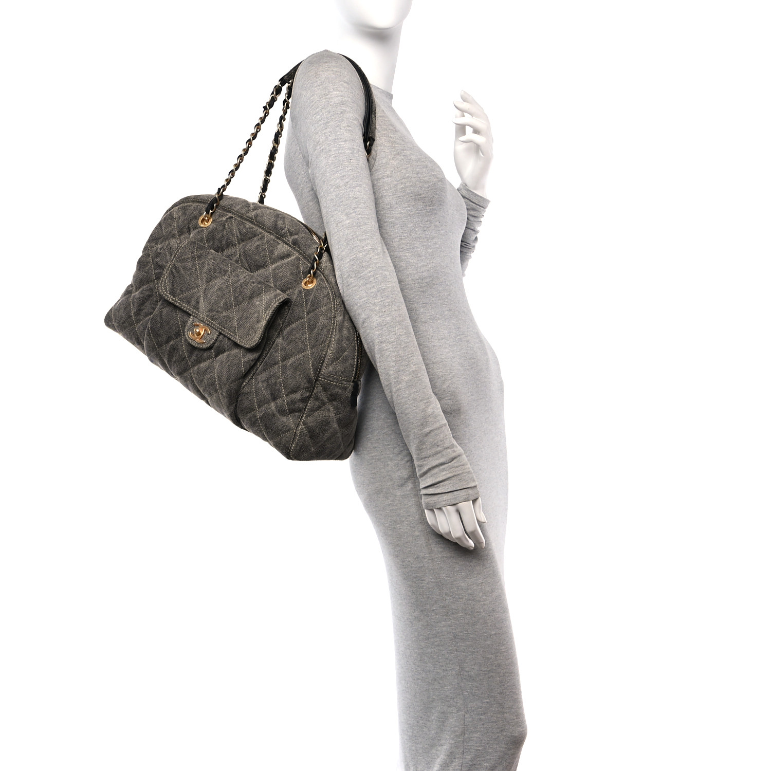 CHANEL Washed Denim Quilted Bowling Bag Light Grey 1609342