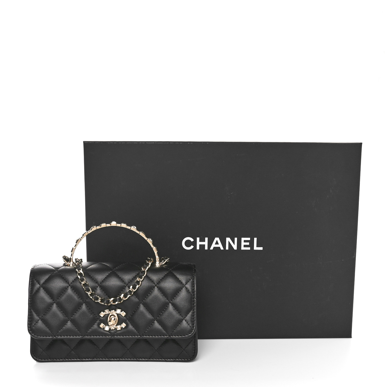 CHANEL Lambskin Quilted Crystal Top Handle Clutch With Chain