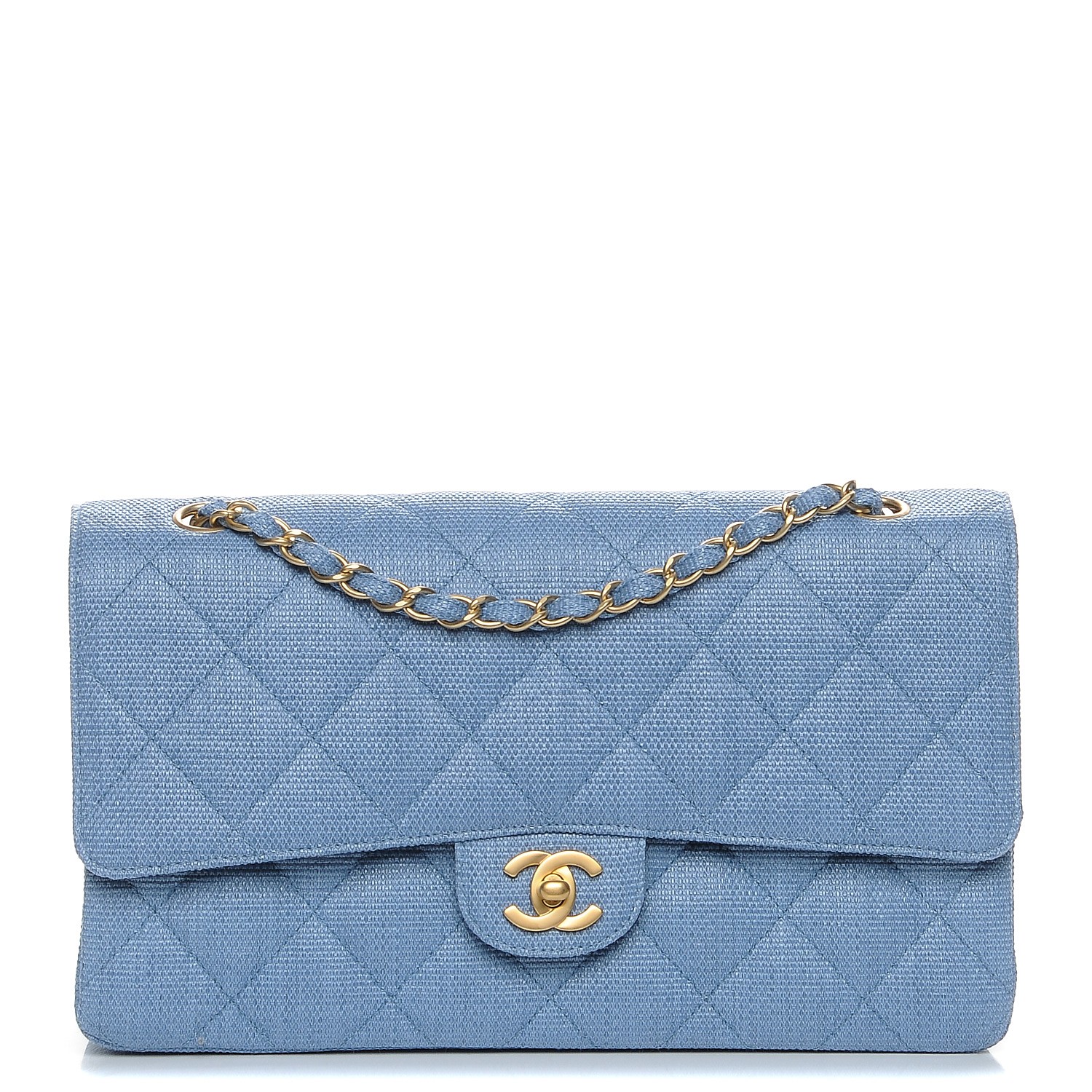 CHANEL Woven Raffia Straw Quilted Medium Double Flap Blue