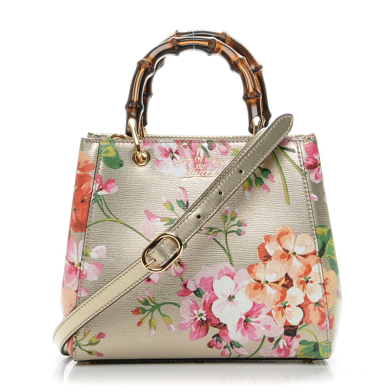 GUCCI Metallic Shangai Calfskin Blooms Print Mini Bamboo