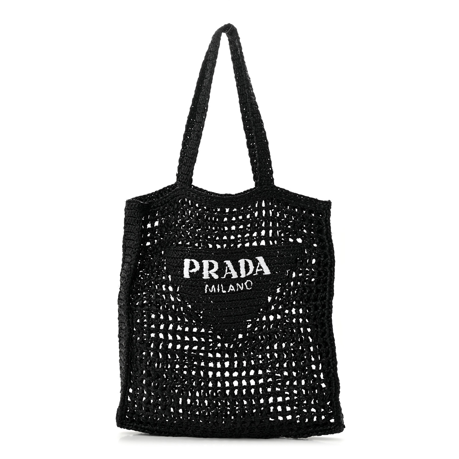 トートバッグ Prada Crochet Logo Ld05 PRADA Logo-Embroidered Crochet Tote Bag in BLACK | endource