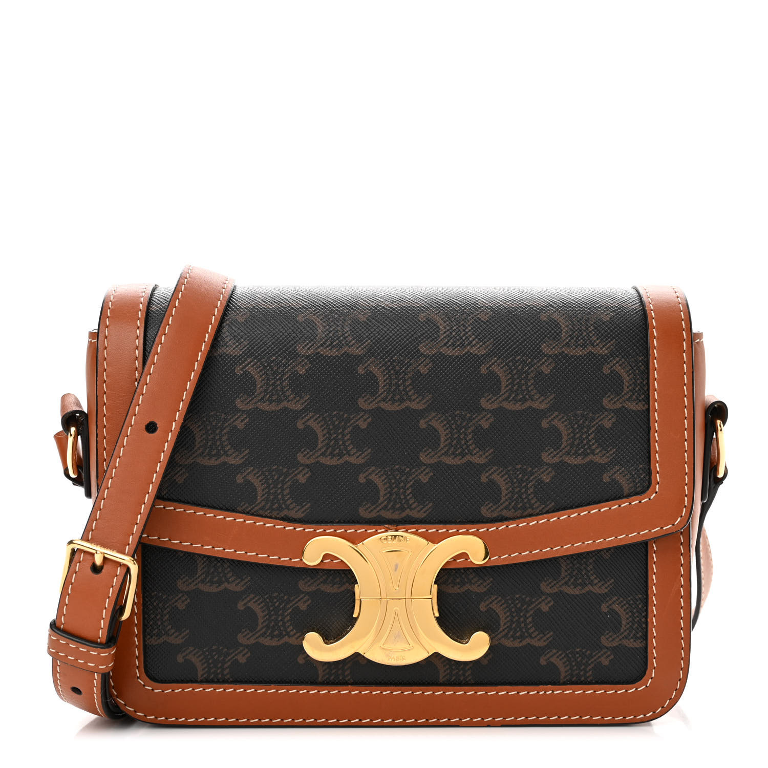 CELINE Calfskin Triomphe Canvas Teen Triomphe Bag Tan