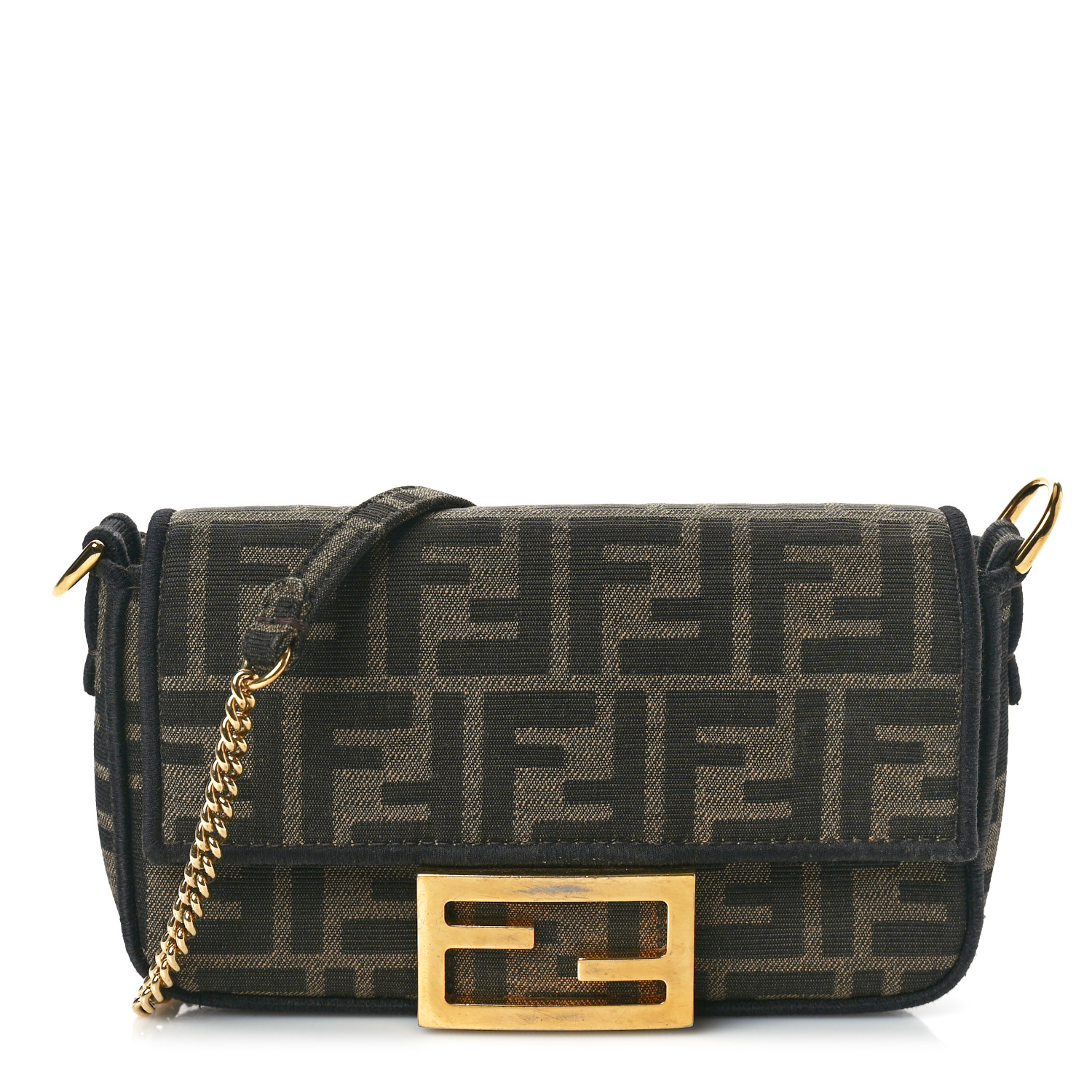 ●Fallett● micro chain bag black FA2303BG07BK FENDI Fabric Jacquard FF 1974 Mini Baguette Tobacco Moro