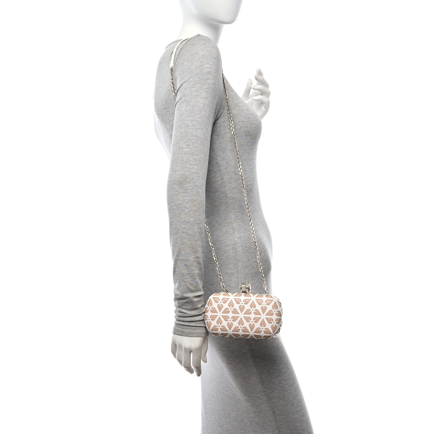 ALEXANDER MCQUEEN Nappa Laser-Cut Skull Box Chain Clutch Nude White 2