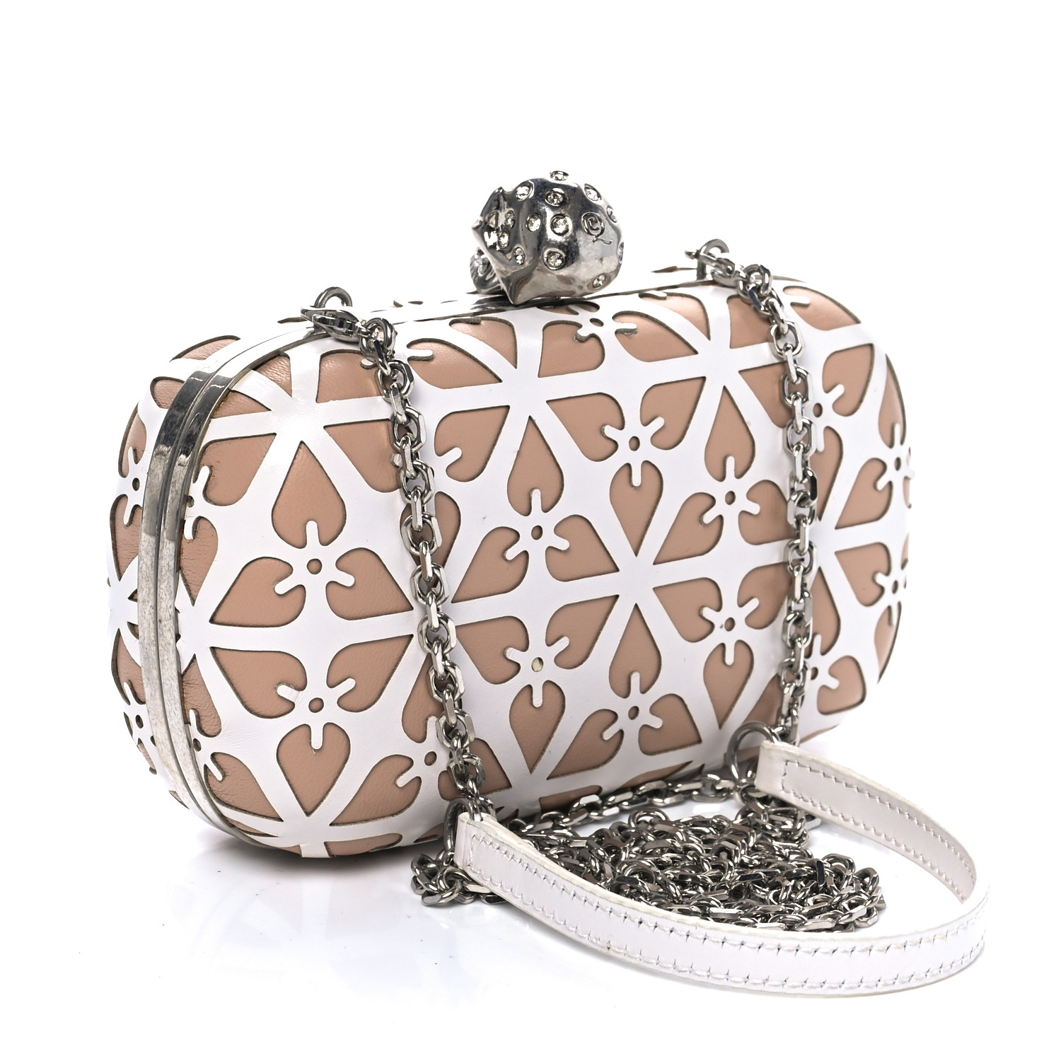 ALEXANDER MCQUEEN Nappa Laser-Cut Skull Box Chain Clutch Nude White 3