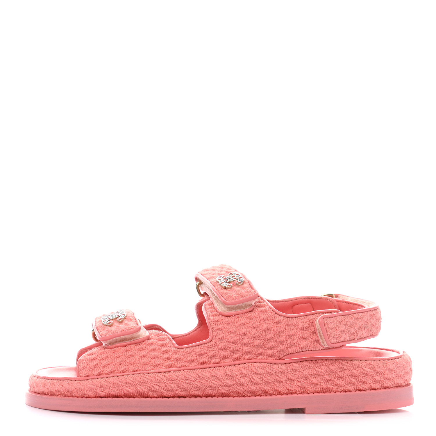 CHANEL Knit Fabric Velcro Dad Sandals 38 Coral 1001745