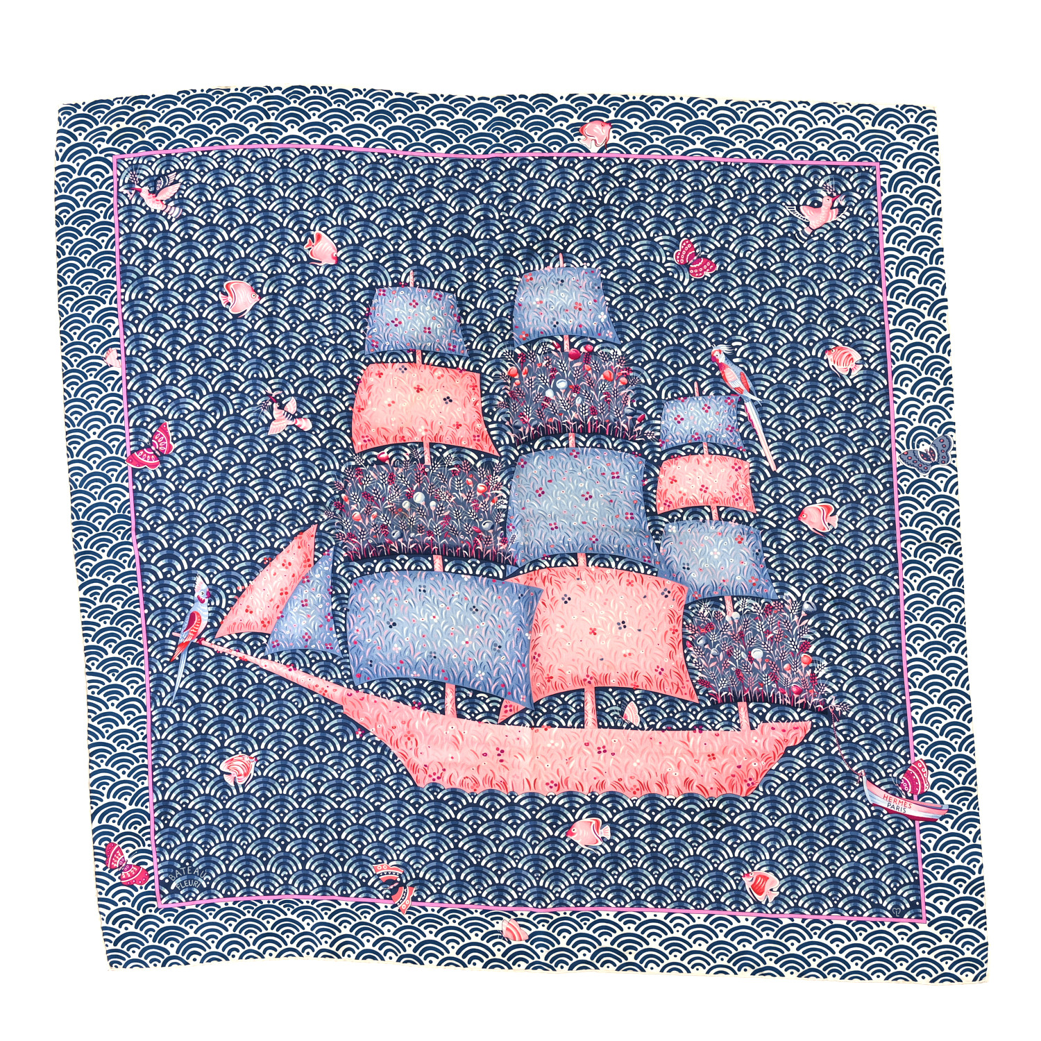 HERMÈS★カレ90 BATEAU FLEURI HERMES Silk Bateau Fleuri Scarf 90 Bleu Rose White 1699165