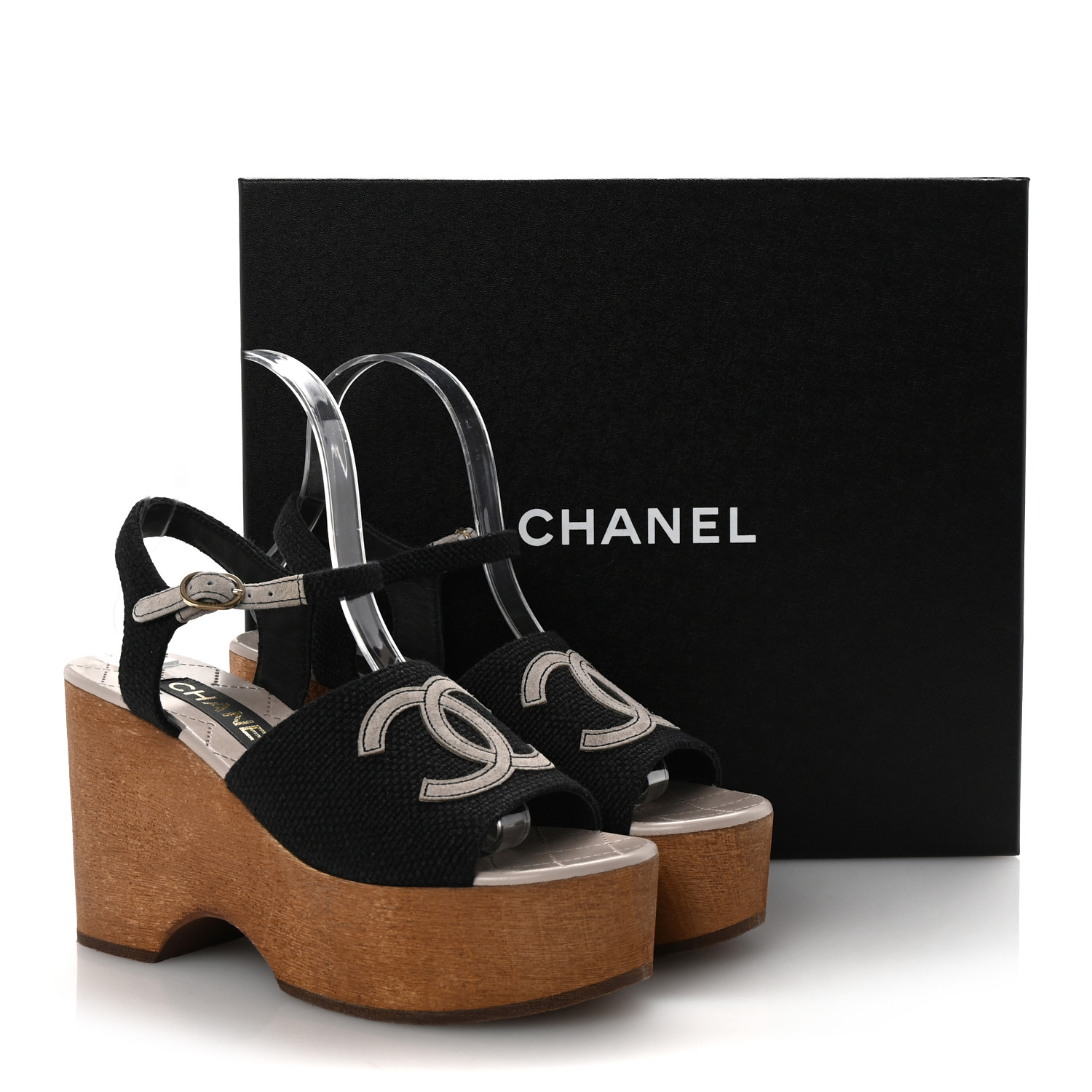 CHANEL Fabric Calfskin Platform Wedge Sandals 37 Black