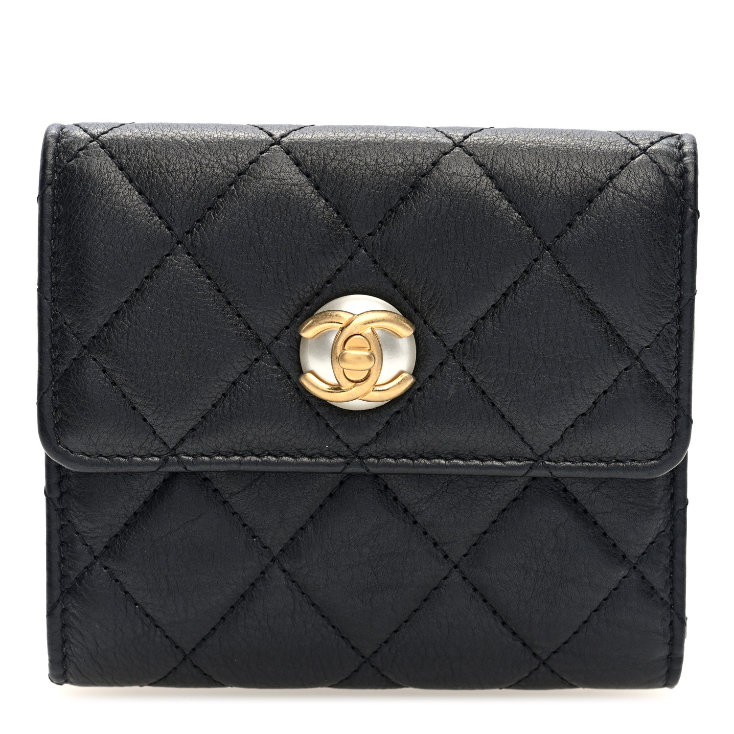 CHANEL Calfskin Quilted Pearl CC Medium Flap Wallet Black