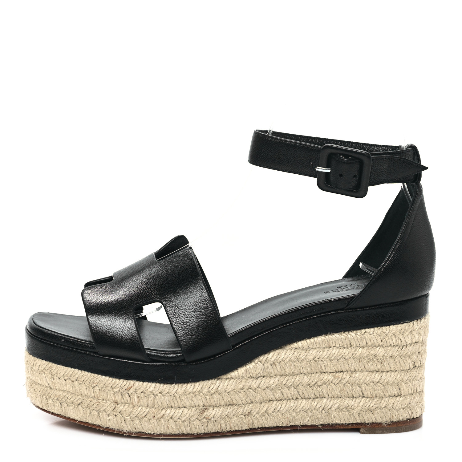 HERMES Goatskin Elda Espadrille Wedge Sandals 37 Black