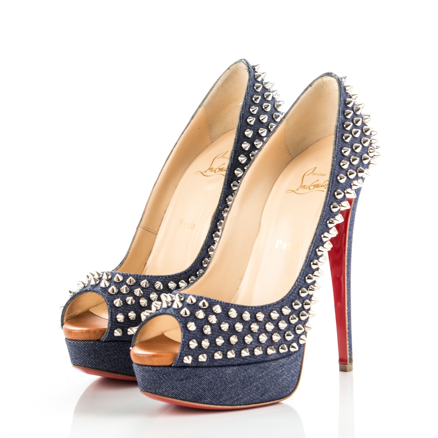 CHRISTIAN LOUBOUTIN Denim Lady Peep Spikes 150 Pumps 39 Blue