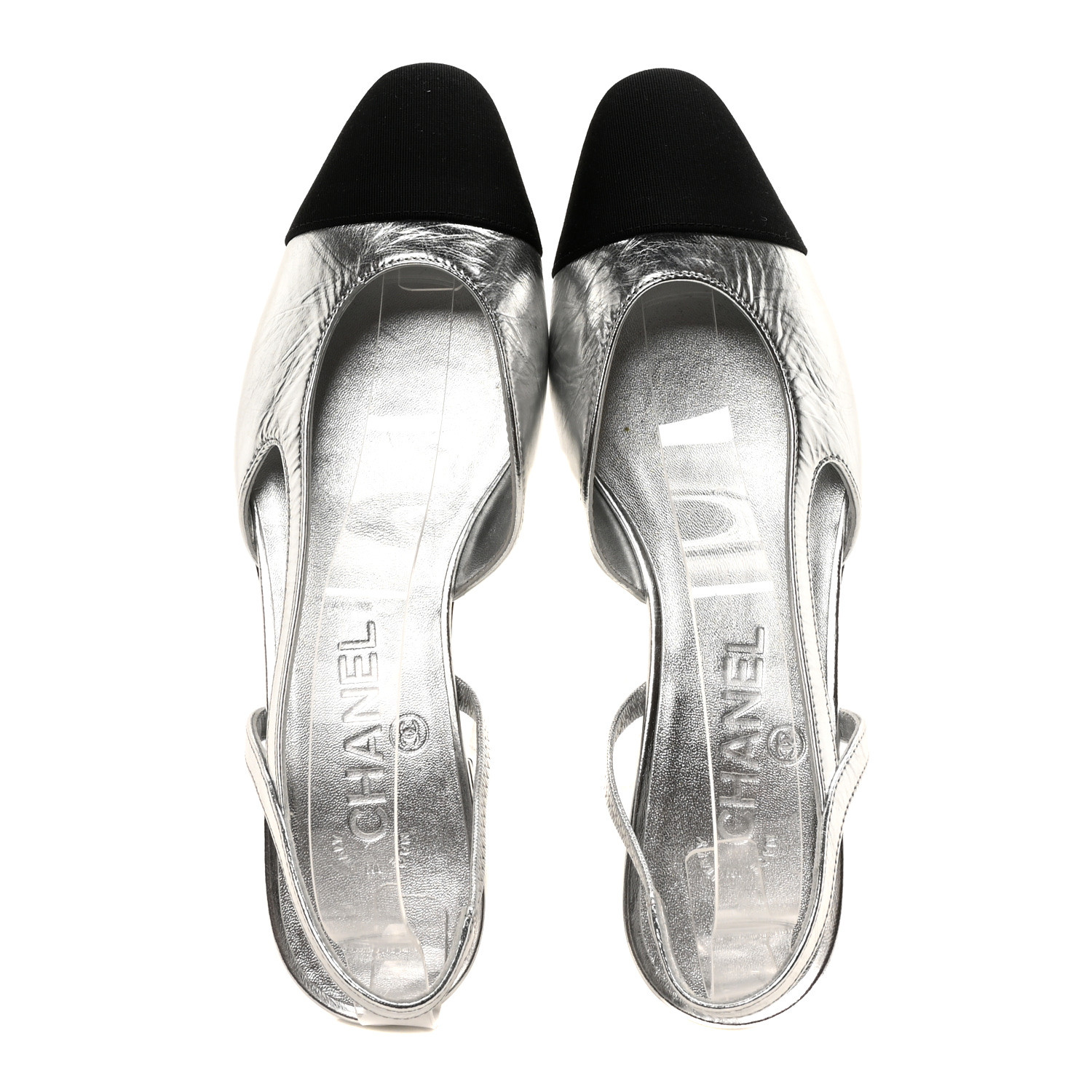 CHANEL シースルーメッシュ&グログランミュール CHANEL Metallic Lambskin Grosgrain Cap Toe CC Slingback