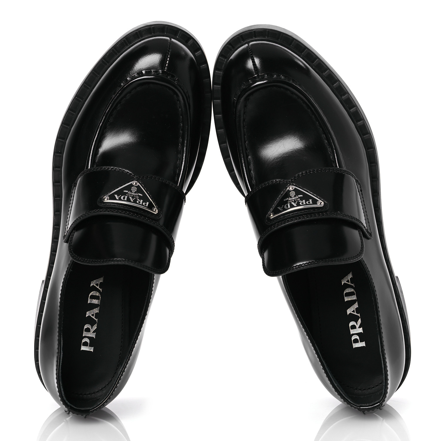 PRADA Spazzolato Metal Triangle Logo 50mm Loafers 38.5 Black
