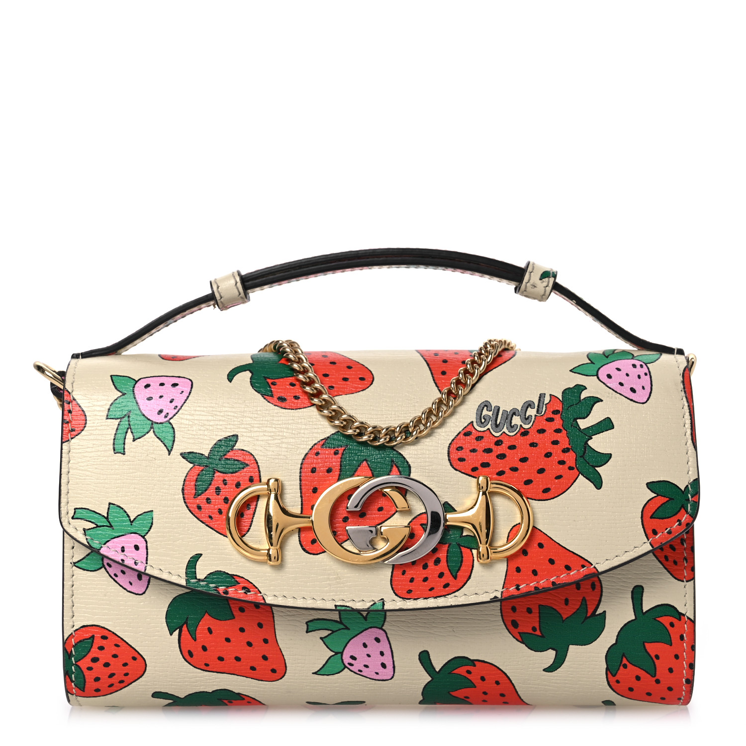 GUCCI Calfskin Strawberry Print Mini Zumi Shoulder Bag Ivory