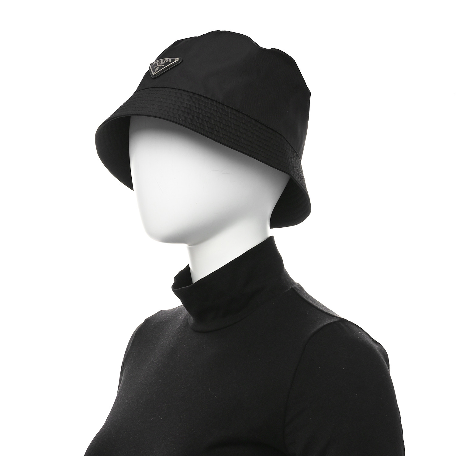 PRADA Re-Nylon Metal Triangle Logo Womens Bucket Hat L Black