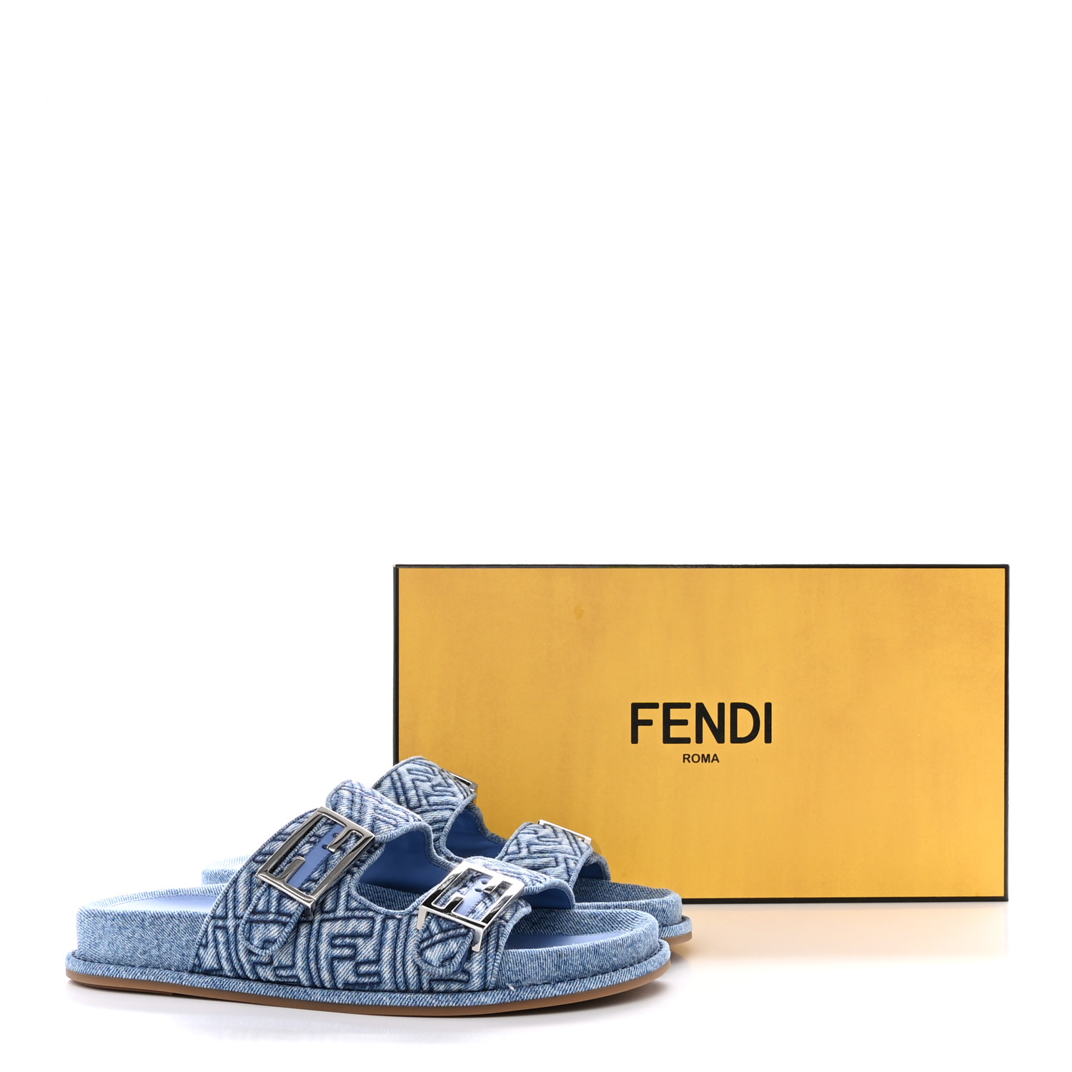 FENDI Denim Jacquard FF Womens Fendi Feel Buckled Slide