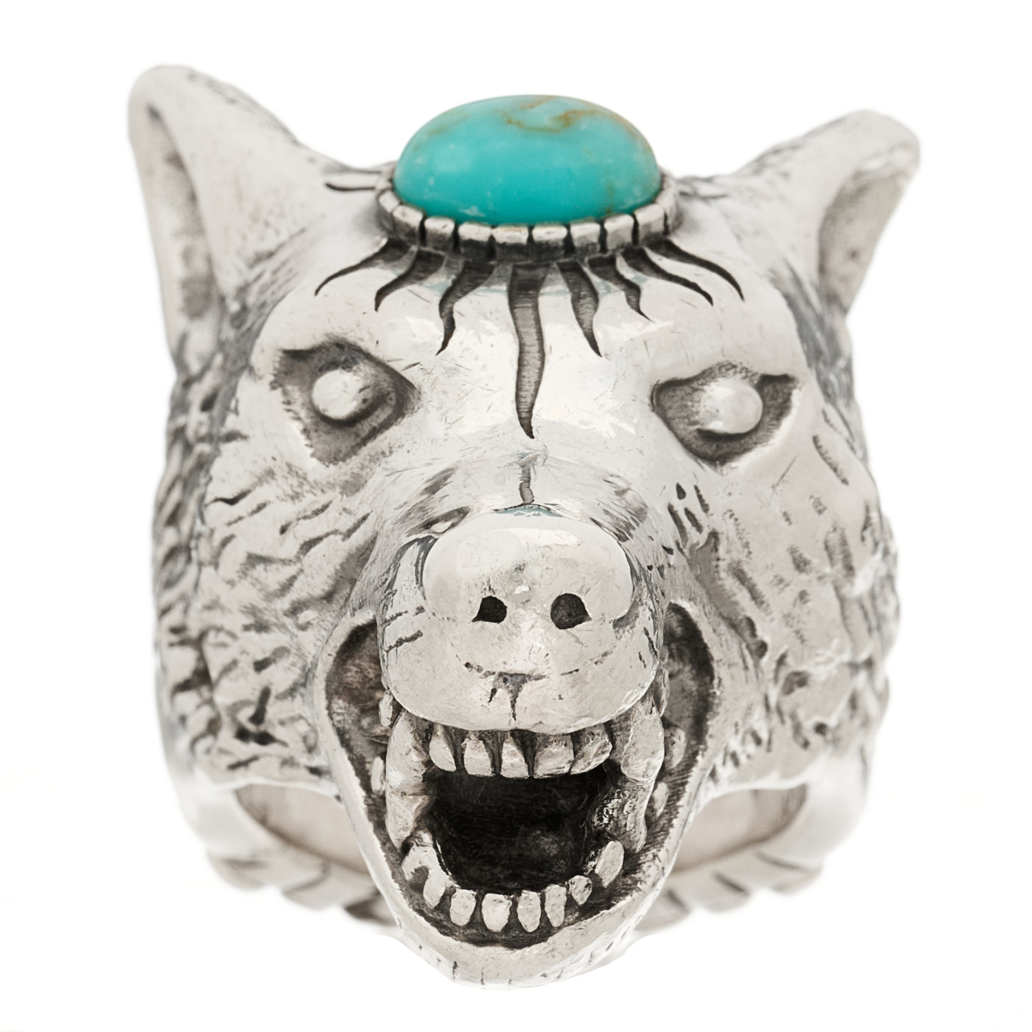 GUCCI Sterling Silver Turquoise Anger Forest Wolf Head Ring