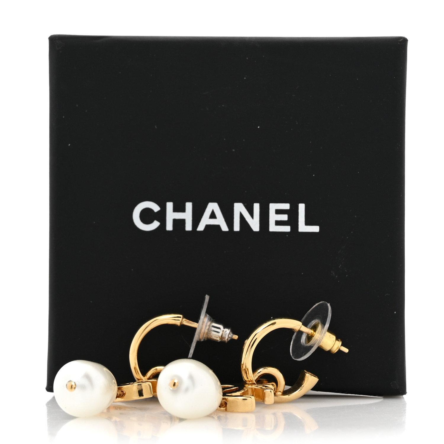 CHANEL Pearl CC Hoop Drop Earrings Gold Pearly White 1701414