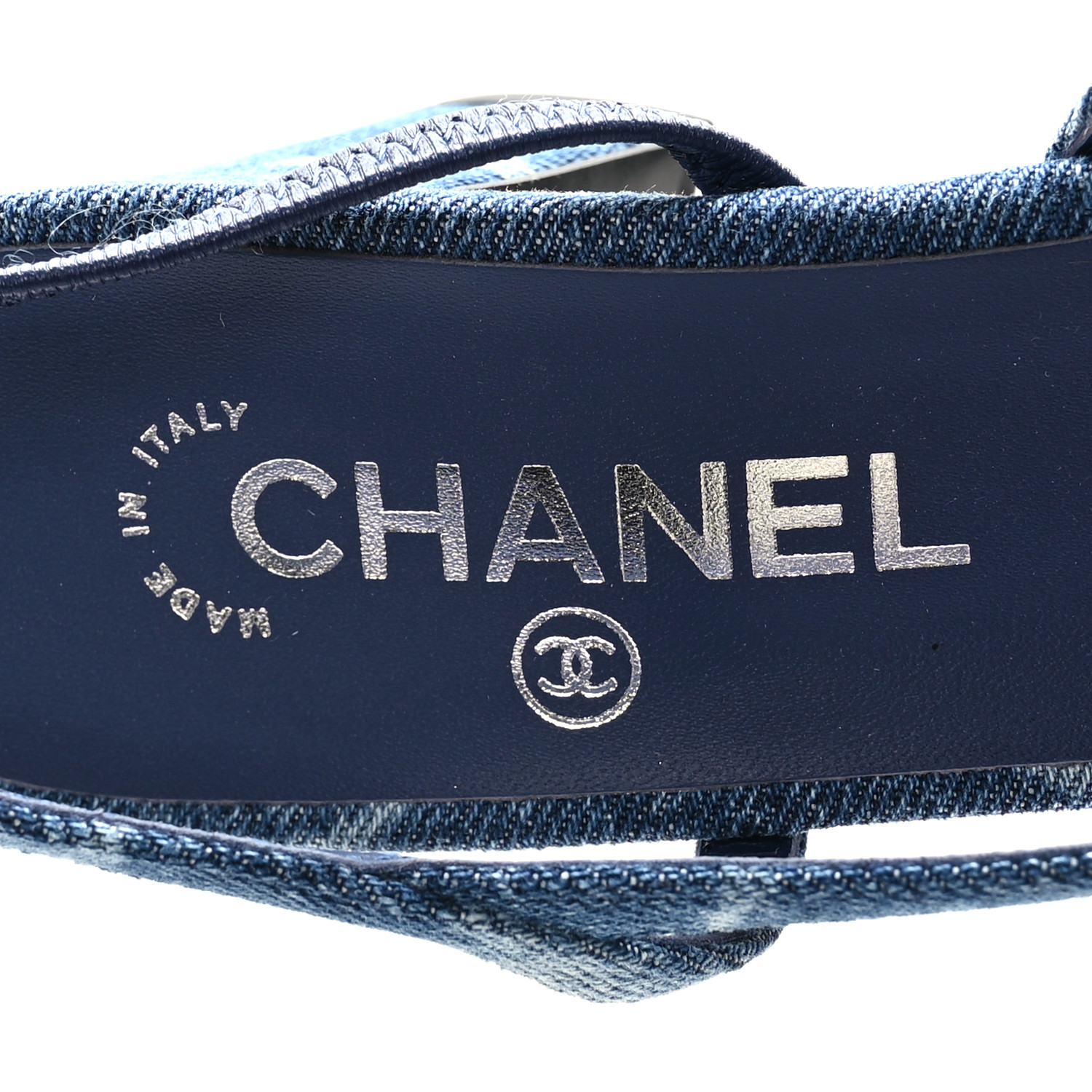 CHANEL Printed Denim Cap Toe CC Slingback Pumps 38.5 Dark
