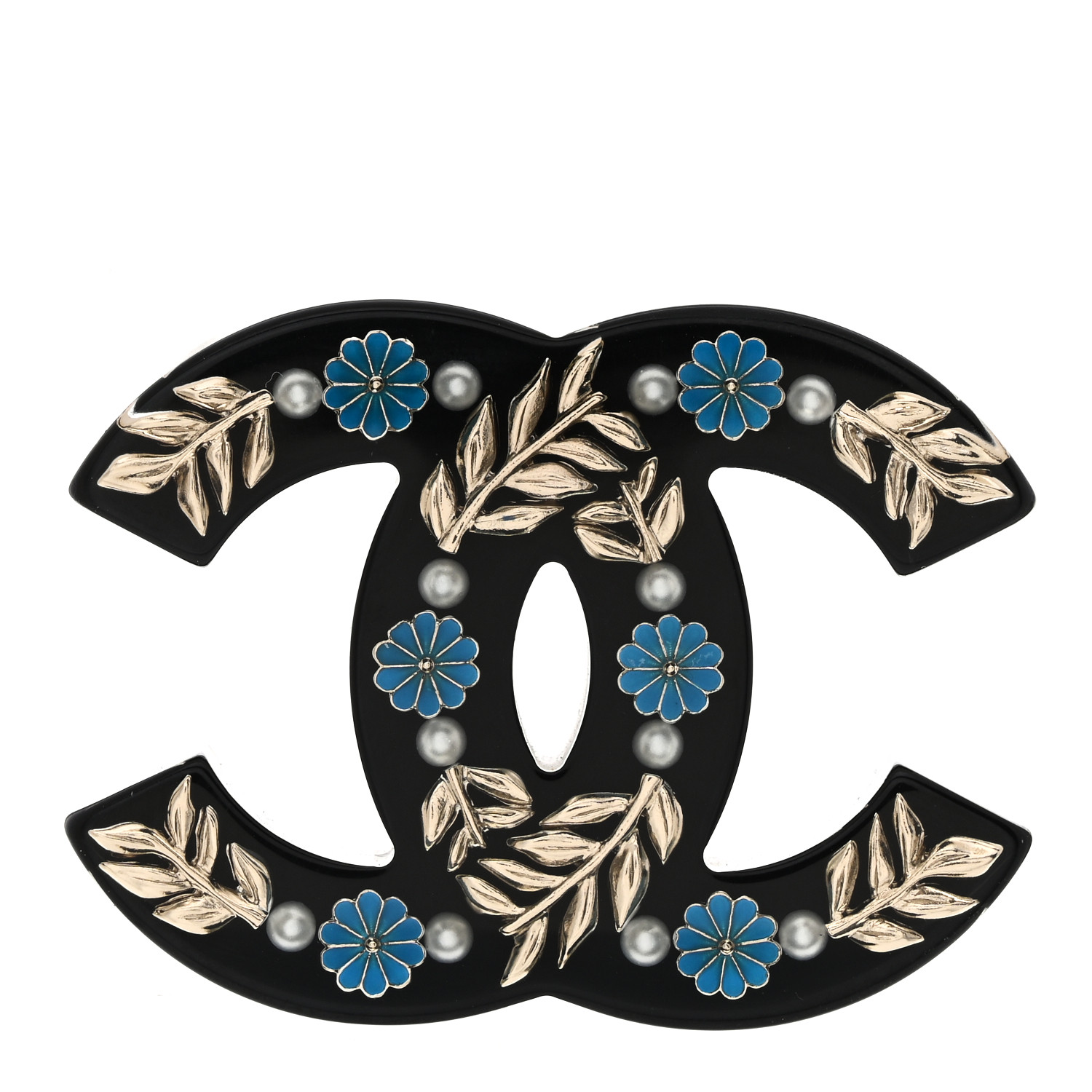 CHANEL Resin Pearl Enamel Flower CC Brooch Black Blue Gold