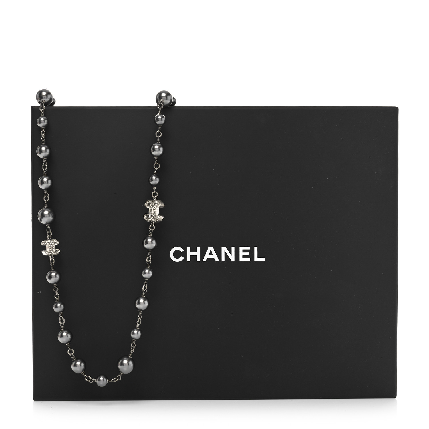 CHANEL広夢様 CHANEL Crystal Pearl Beaded CC Long Necklace Ruthenium