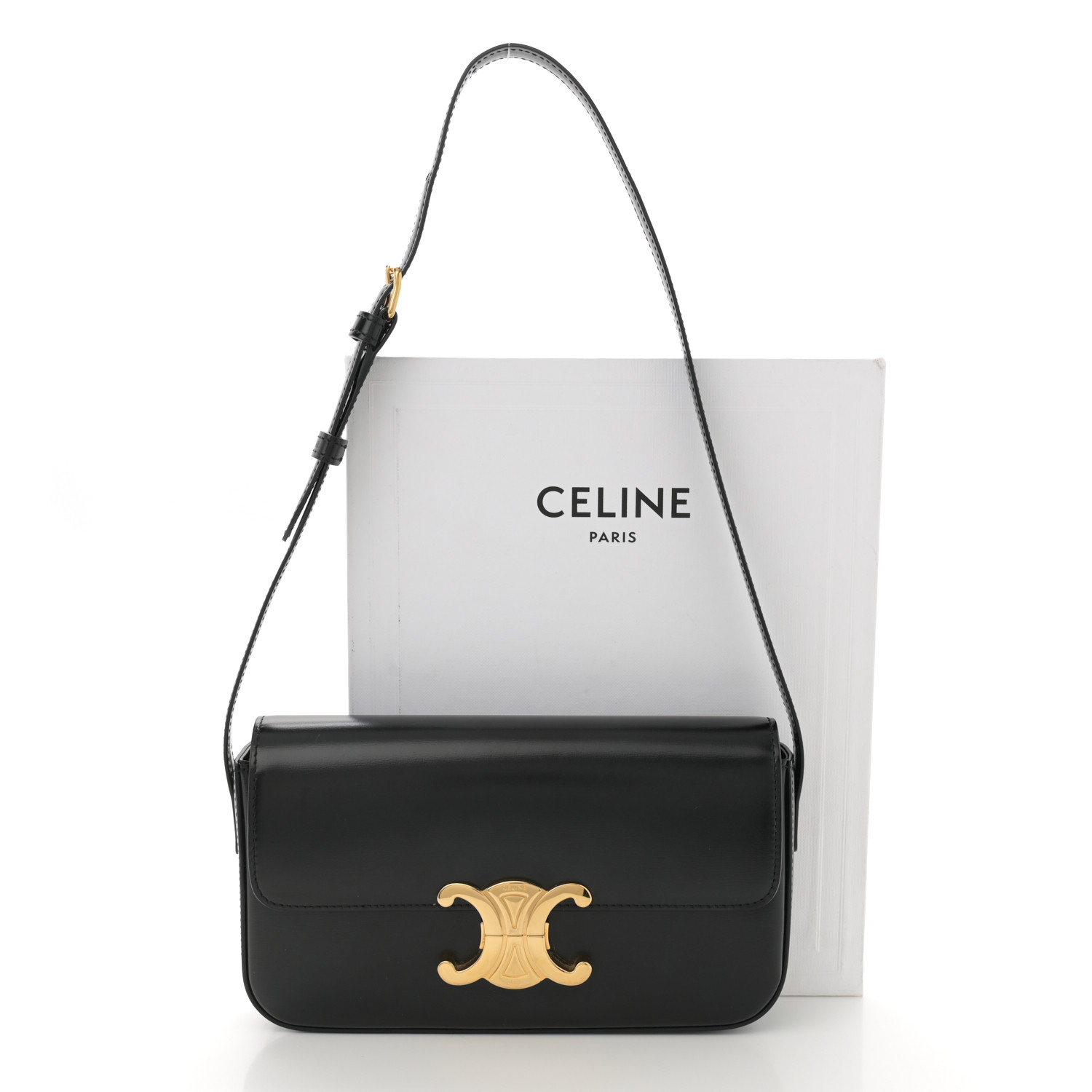 CELINE Shiny Calfskin Triomphe Shoulder Bag Black 1646458
