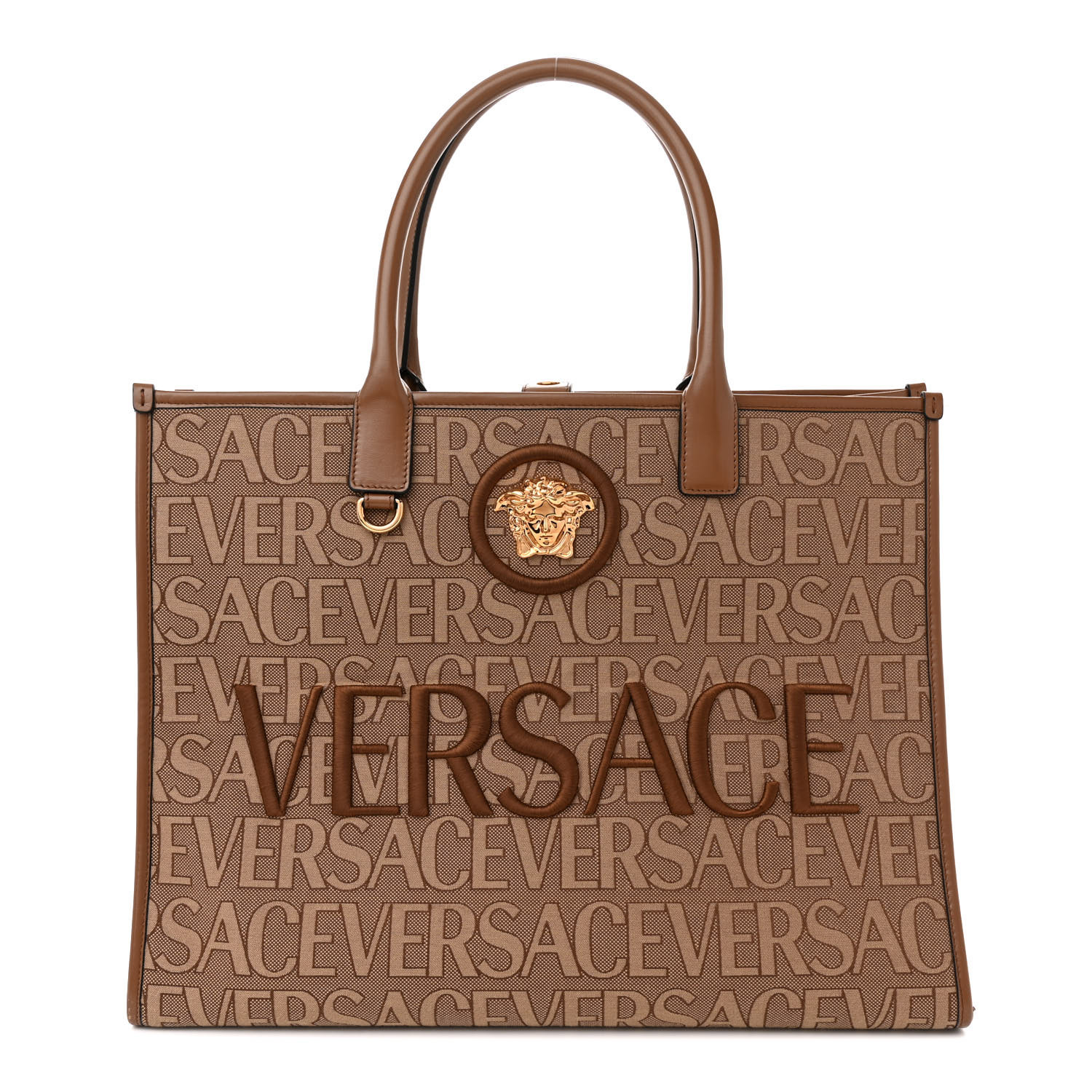 【関税&送料込】Versace Versace Allover Jacquard Canvas Tren VERSACE Canvas Suppler Calfskin Cabas GV Signature Tote